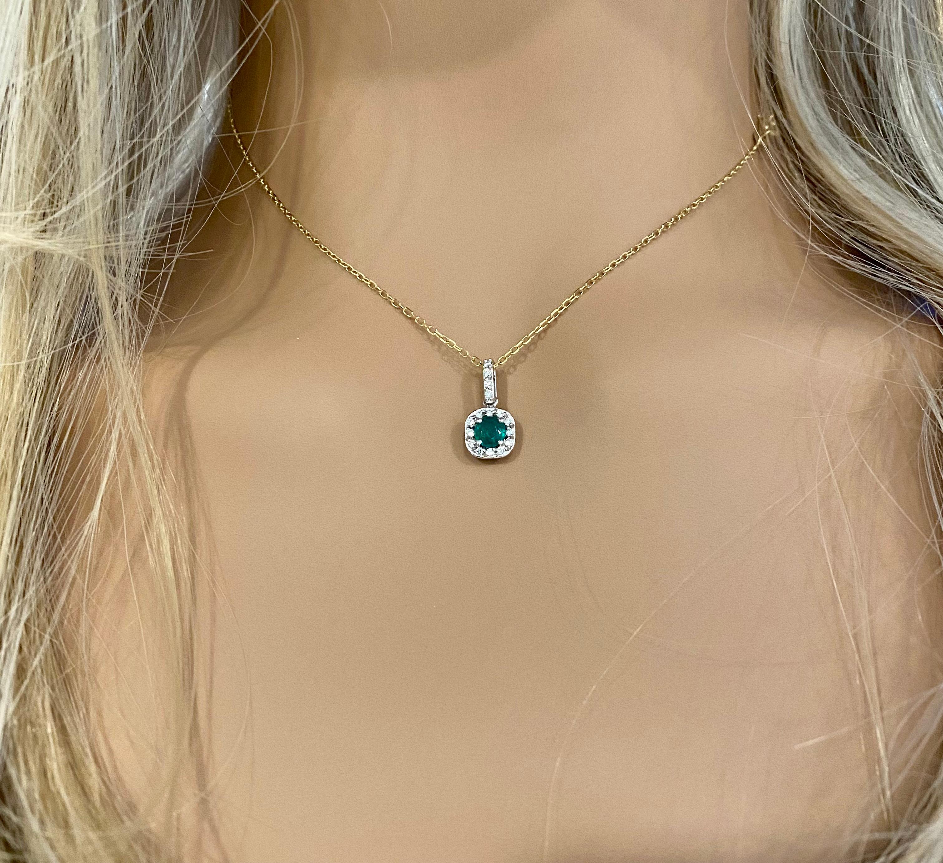 Contemporary Halo Diamond and Emerald Pendant Gold Drop Pendant Necklace