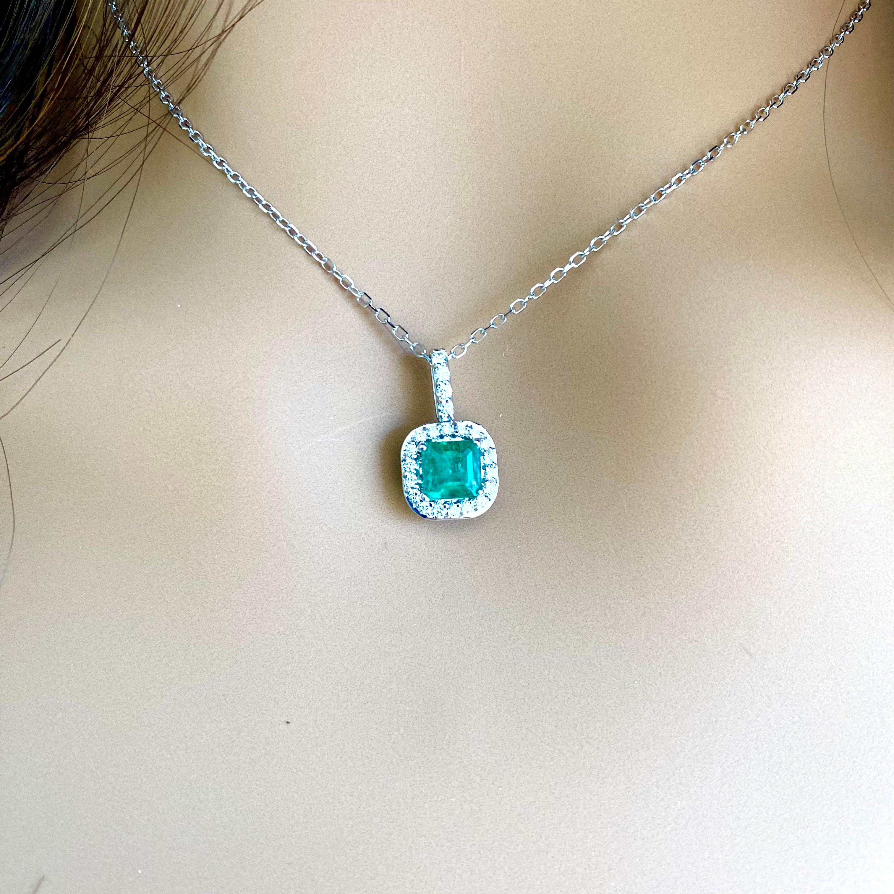 Women's or Men's Halo Diamond and Emerald Pendant White Gold Drop Pendant Necklace