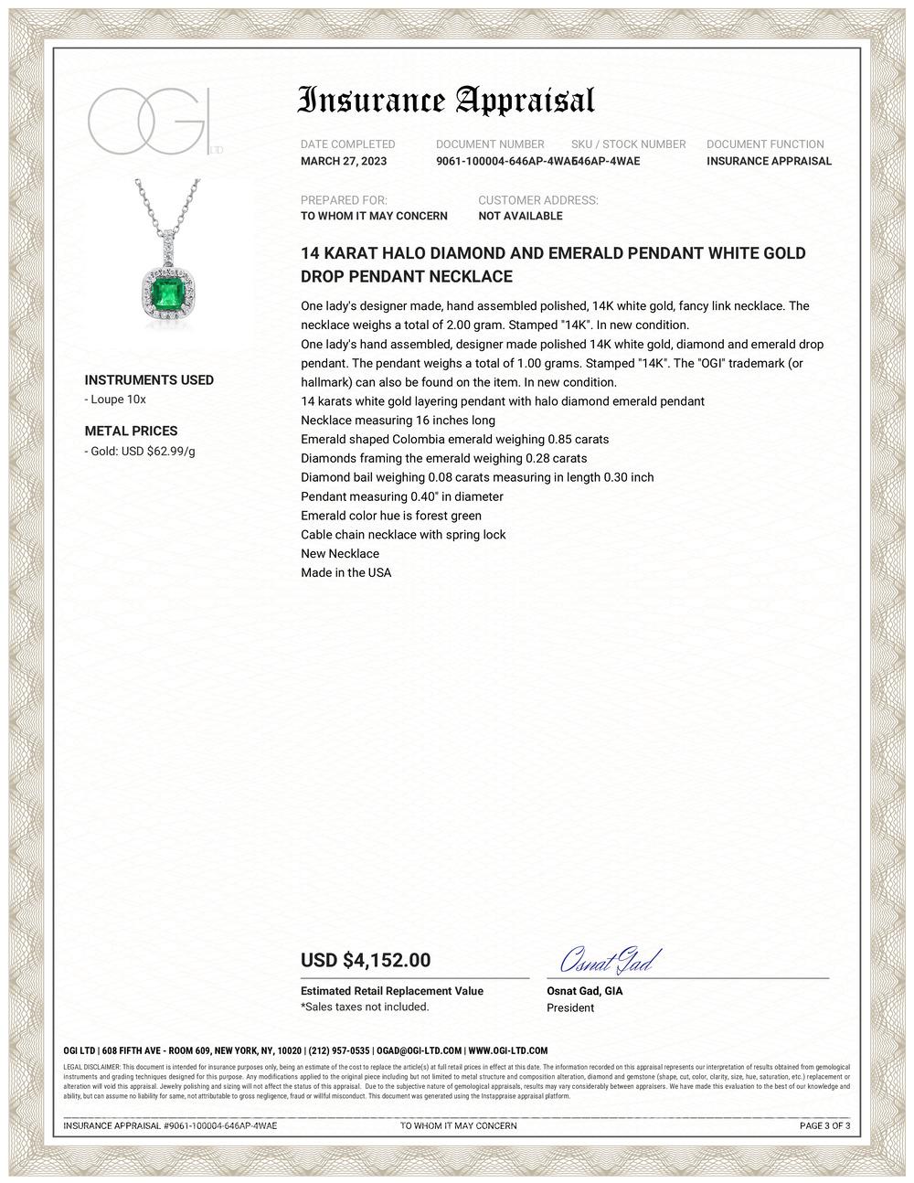 14 karats white gold layering pendant with halo diamond emerald pendant 
Necklace measuring 16 inches long
Emerald shaped Colombia  emerald weighing 0.85 carats
Diamonds framing the emerald weighing 0.28 carats
Diamond bail weighing 0.08 carats