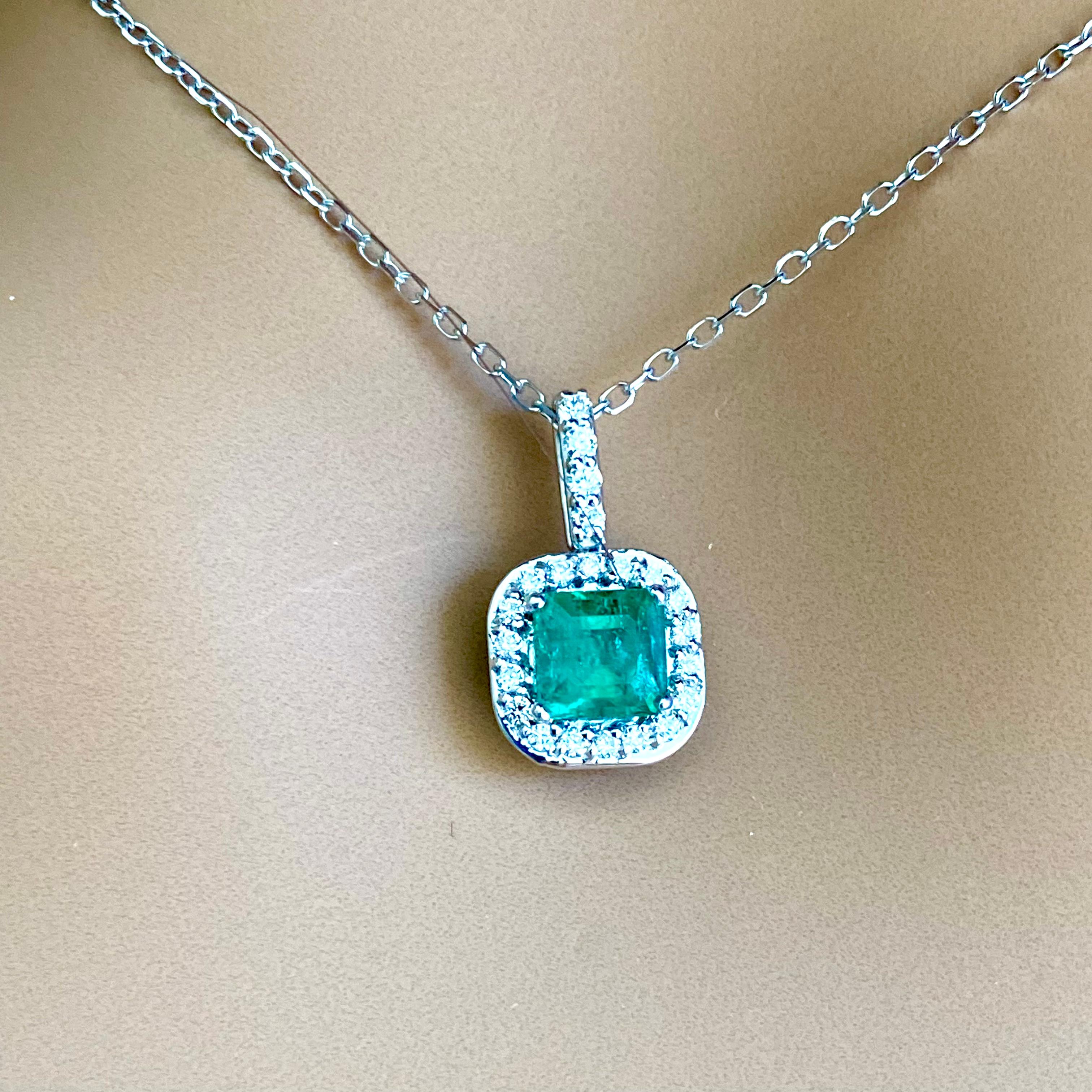 Emerald Cut Halo Diamond and Emerald Pendant White Gold Drop Pendant Necklace