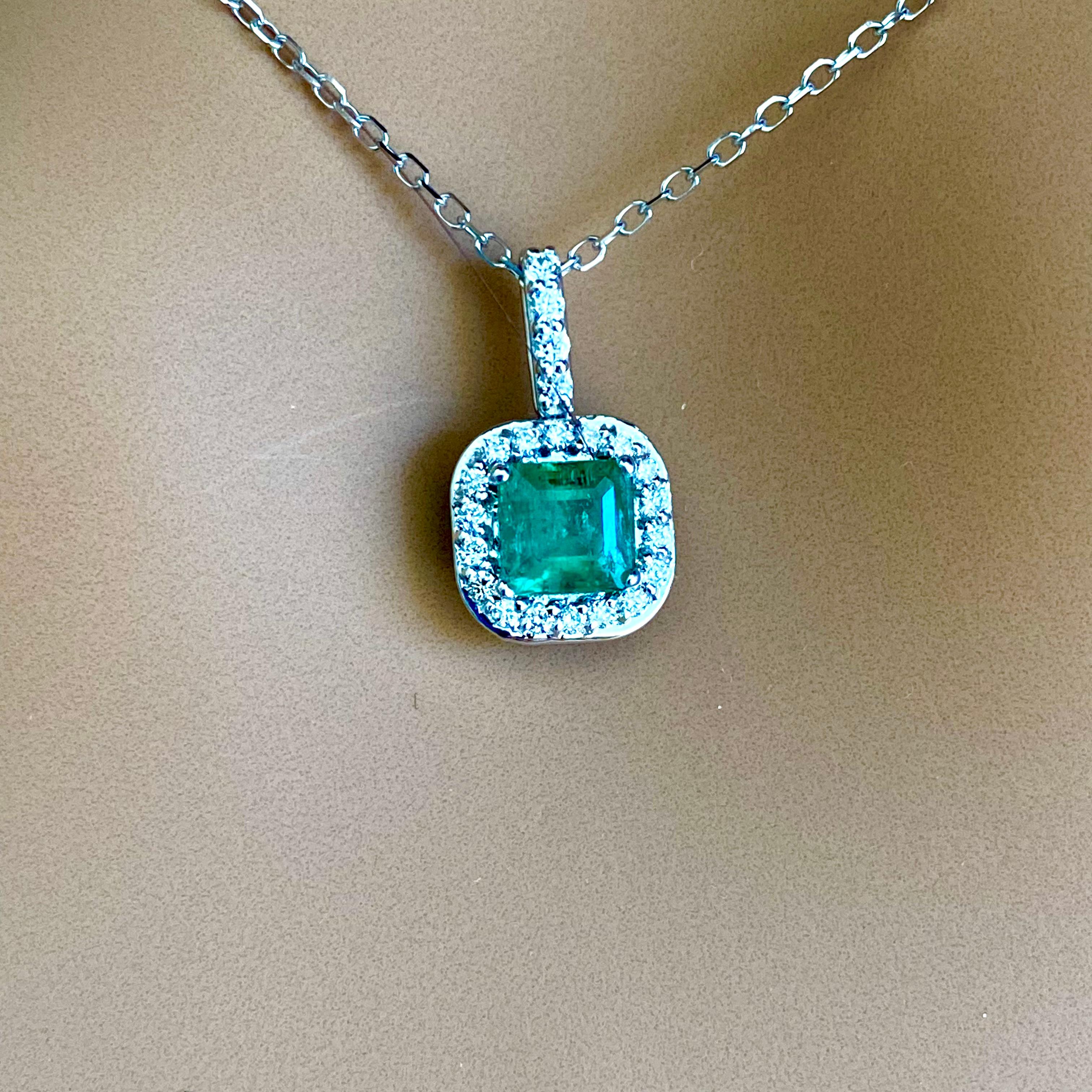 Contemporary Halo Diamond and Emerald Pendant White Gold Drop Pendant Necklace