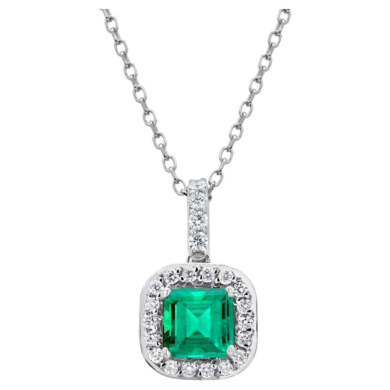Halo Diamond and Emerald Pendant White Gold Drop Pendant Necklace