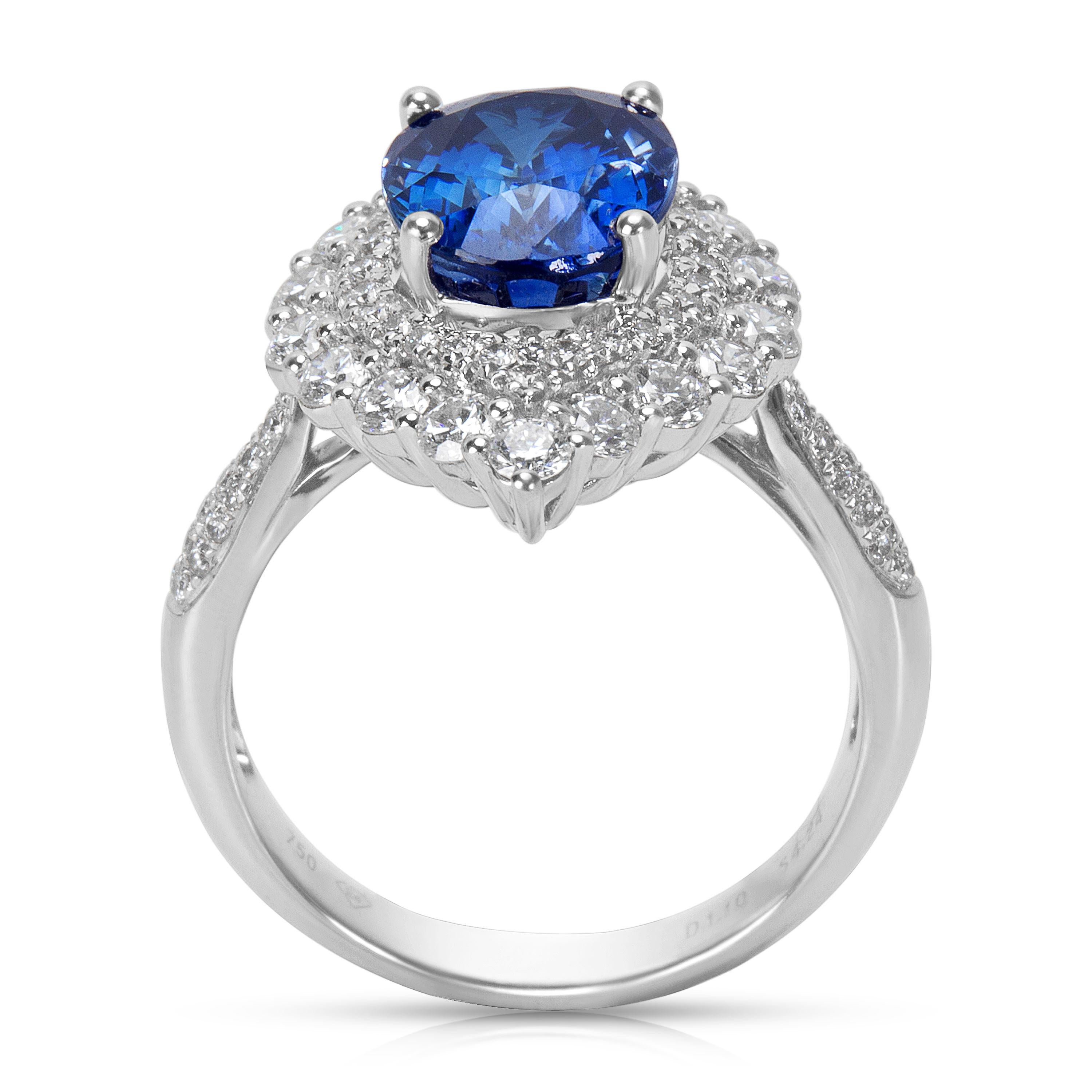 Oval Cut Halo Diamond and Oval Sapphire Ring in 18 Karat White Gold, 5.34 Carat