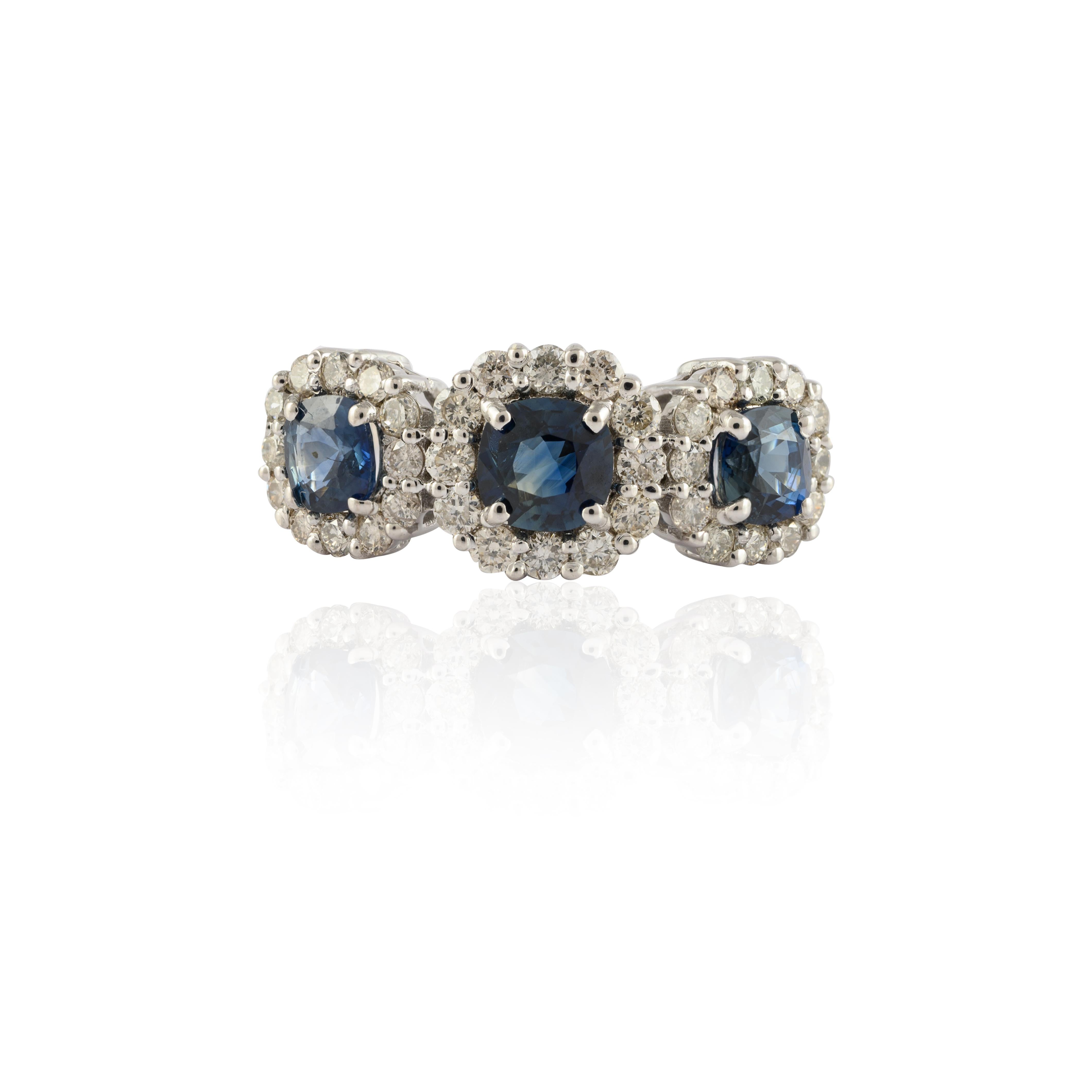 For Sale:  Halo Diamond and Three-Stone Blue Sapphire Ring in 14k Solid White Gold 2