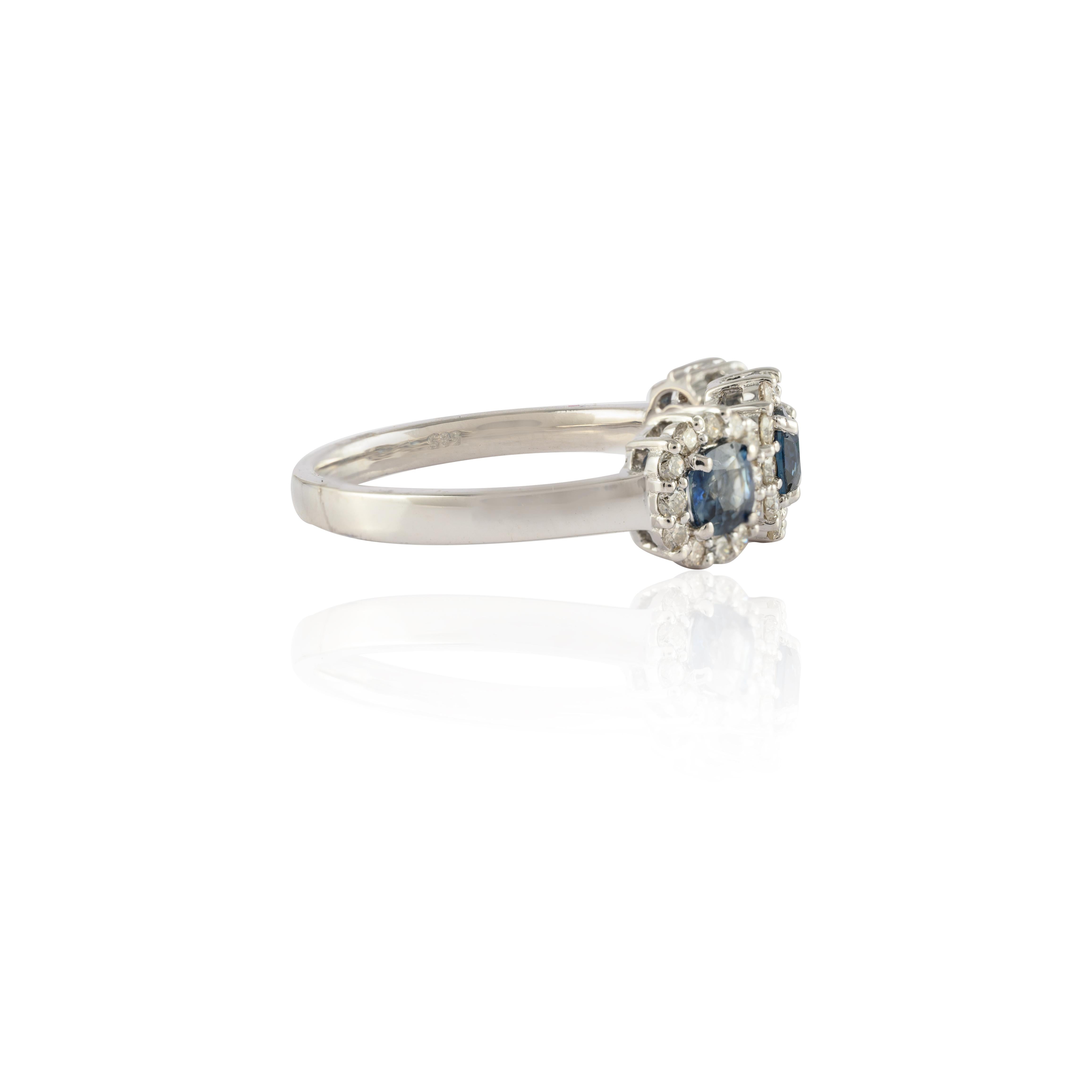 For Sale:  Halo Diamond and Three-Stone Blue Sapphire Ring in 14k Solid White Gold 3
