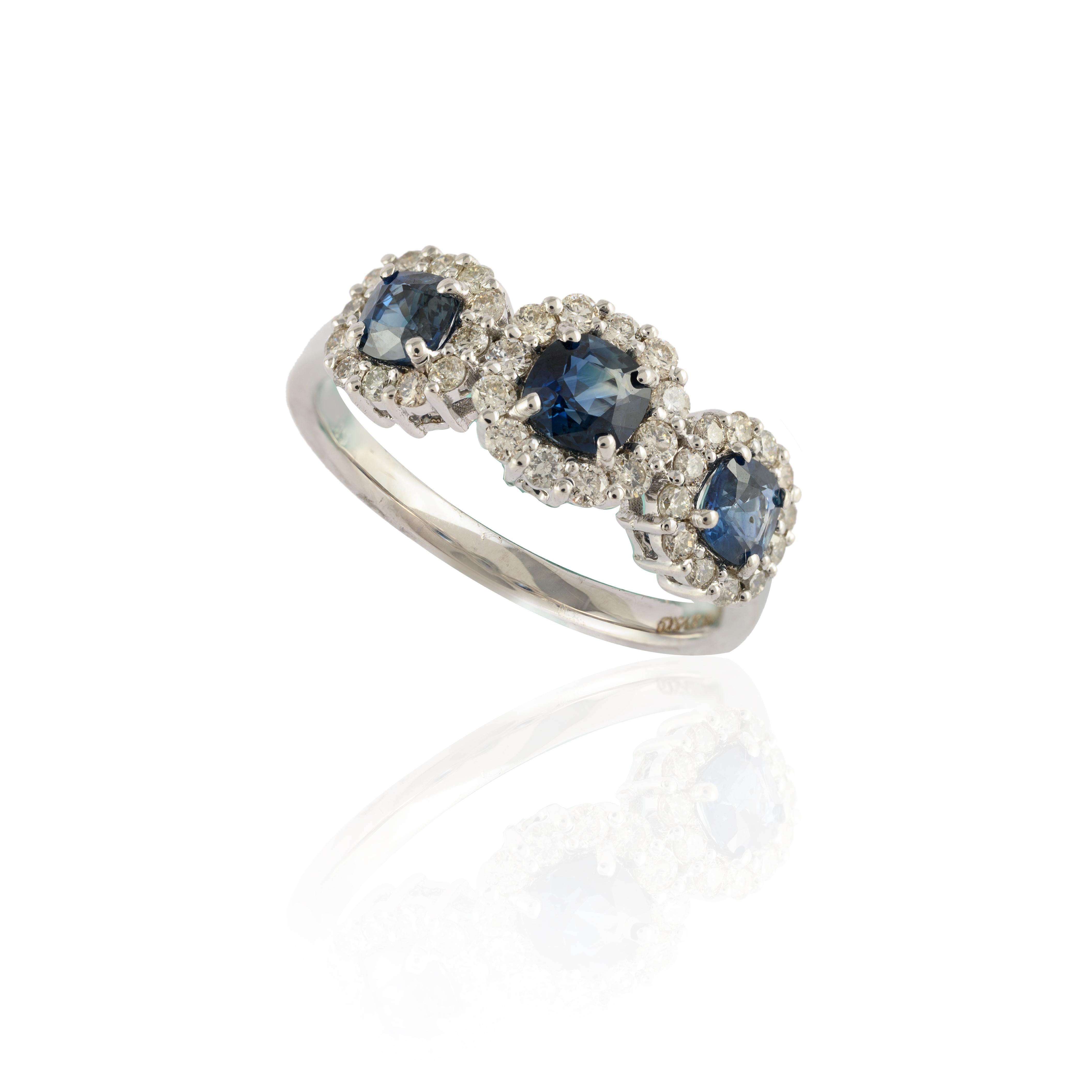 For Sale:  Halo Diamond and Three-Stone Blue Sapphire Ring in 14k Solid White Gold 5