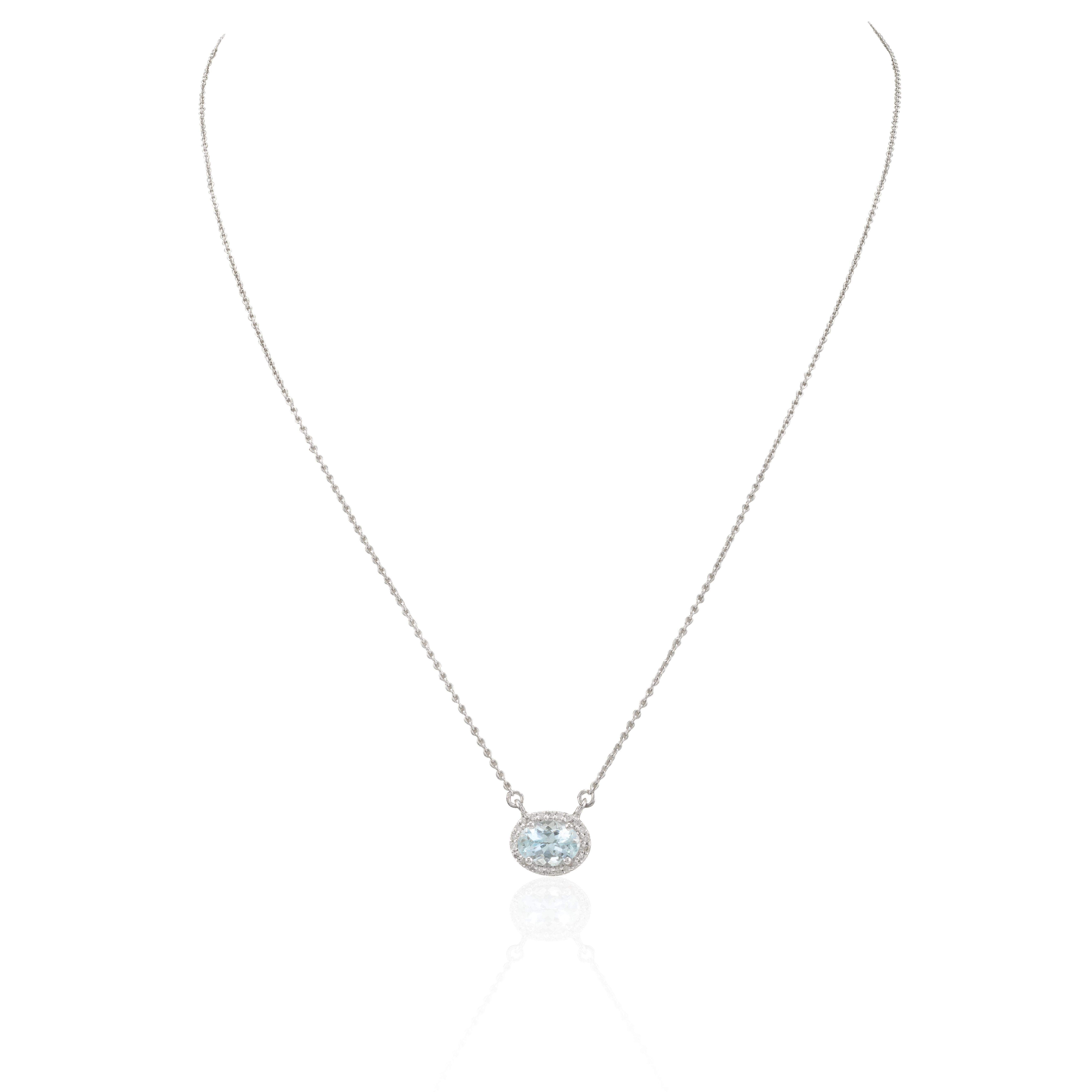 Modern Halo Diamond Aquamarine Necklace 14k Solid White Gold, Thank You Gift For Her For Sale