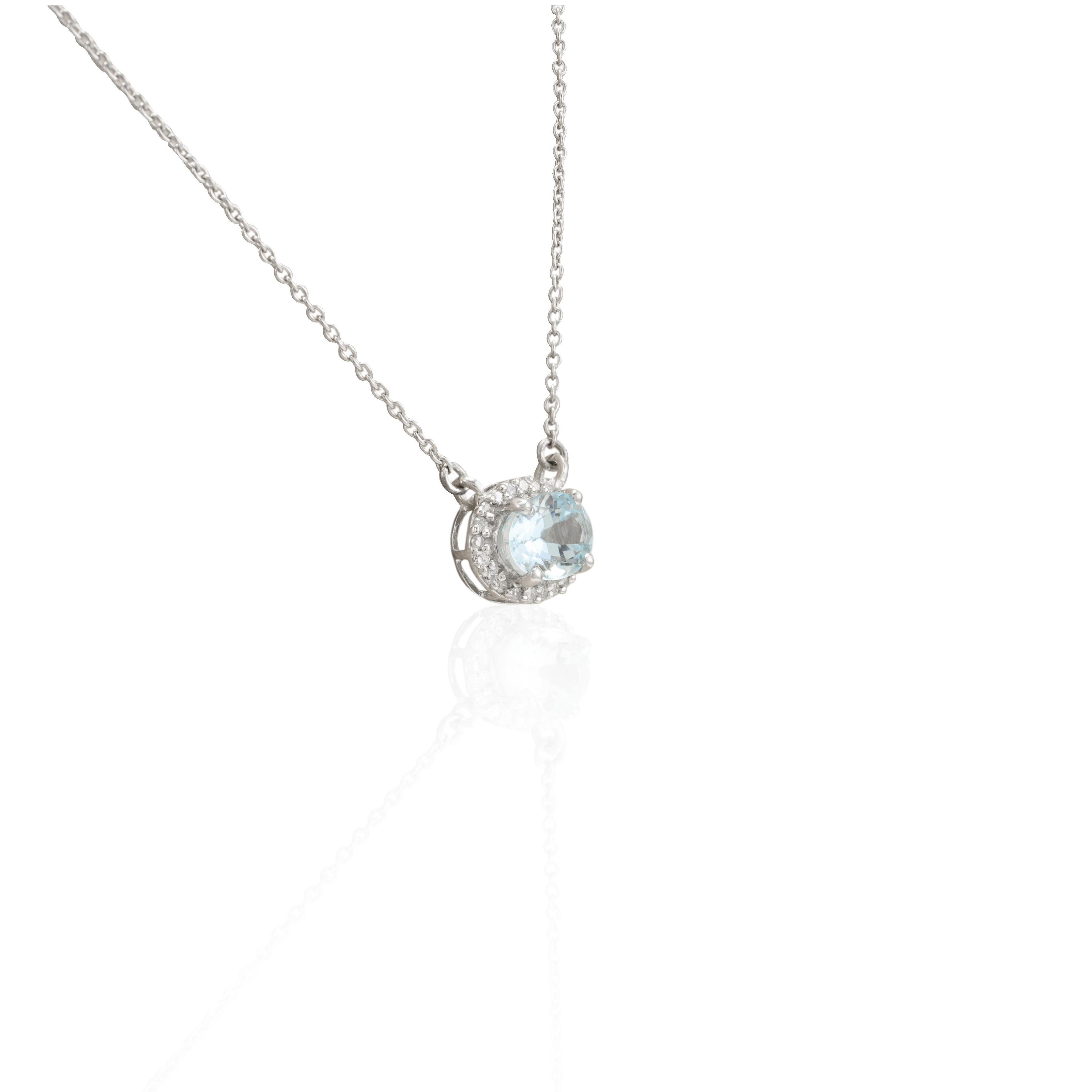Halo Diamond Aquamarine Necklace 14k Solid White Gold, Thank You Gift For Her In New Condition For Sale In Houston, TX