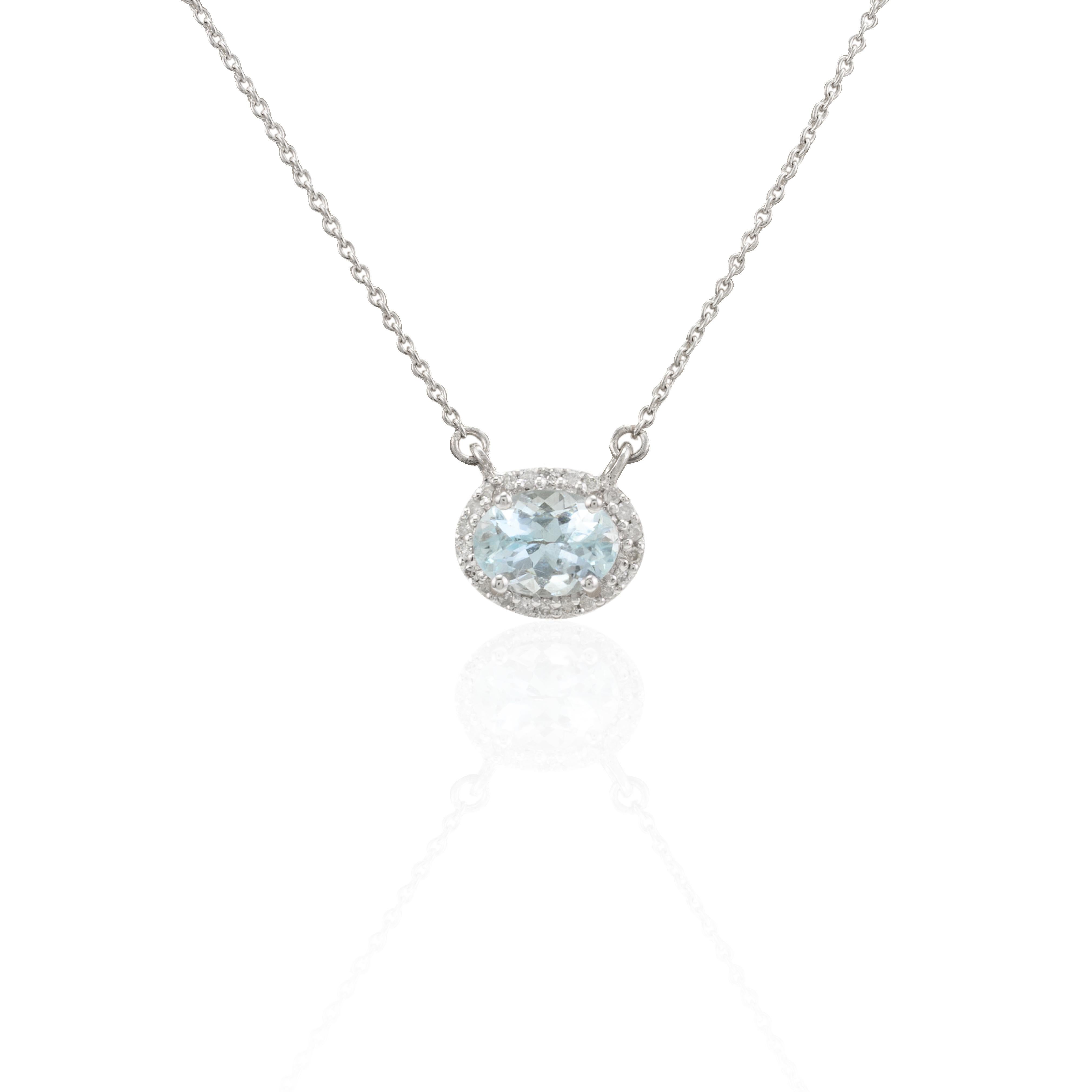 Halo Diamond Aquamarine Necklace 14k Solid White Gold, Thank You Gift For Her For Sale 2