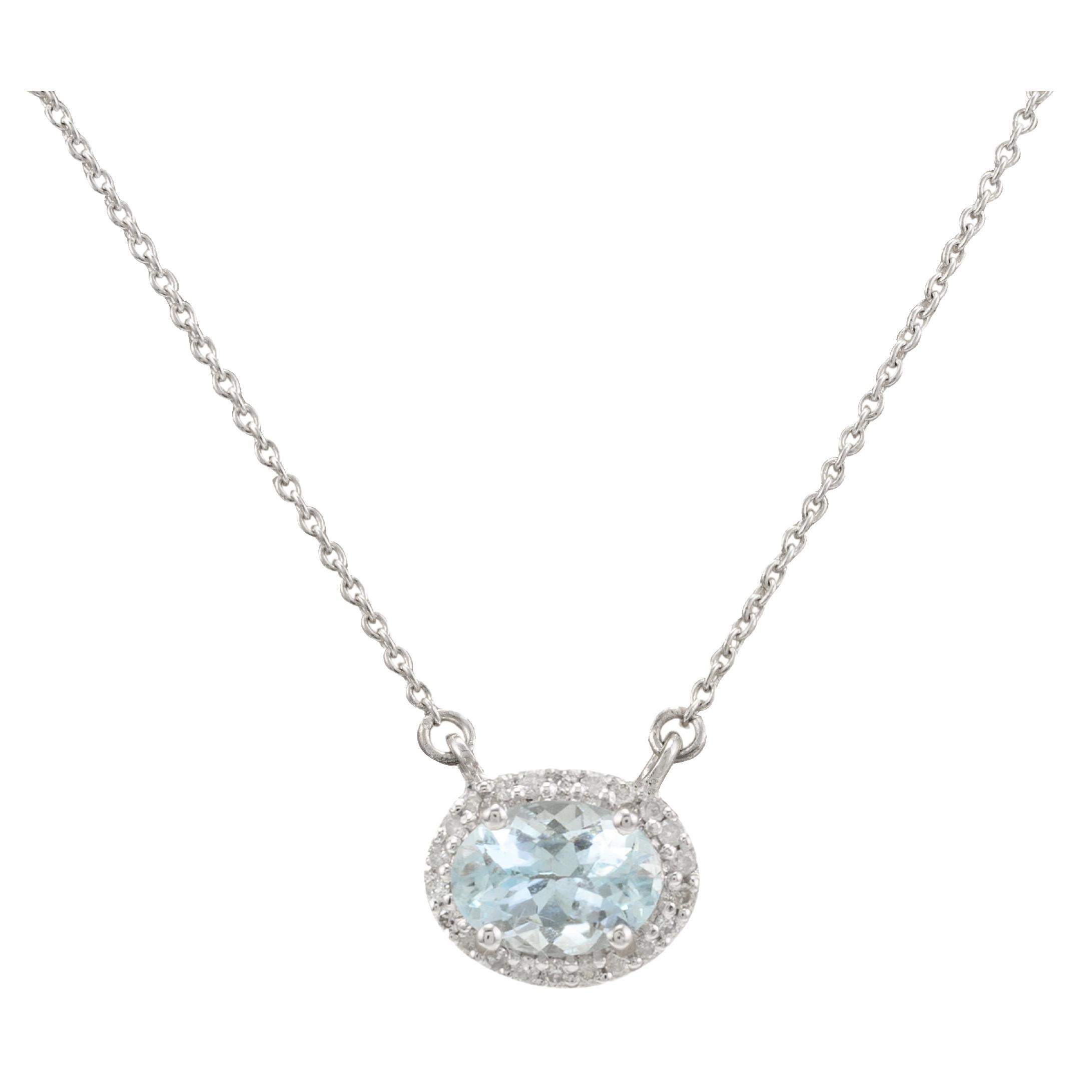 Halo Diamond Aquamarine Necklace 14k Solid White Gold, Thank You Gift For Her For Sale