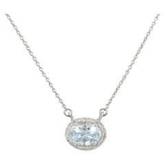 Halo Diamond Aquamarine Necklace 14k Solid White Gold, Thank You Gift For Her