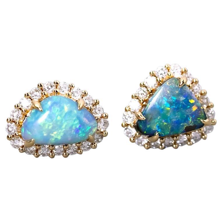 Halo Diamond Australian Boulder Opal Stud Earrings 14k Yellow Gold For Sale