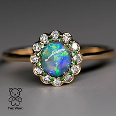 Halo Diamond Australian Semi-Black Opal Tsavorite Engagement Ring 18K Gold