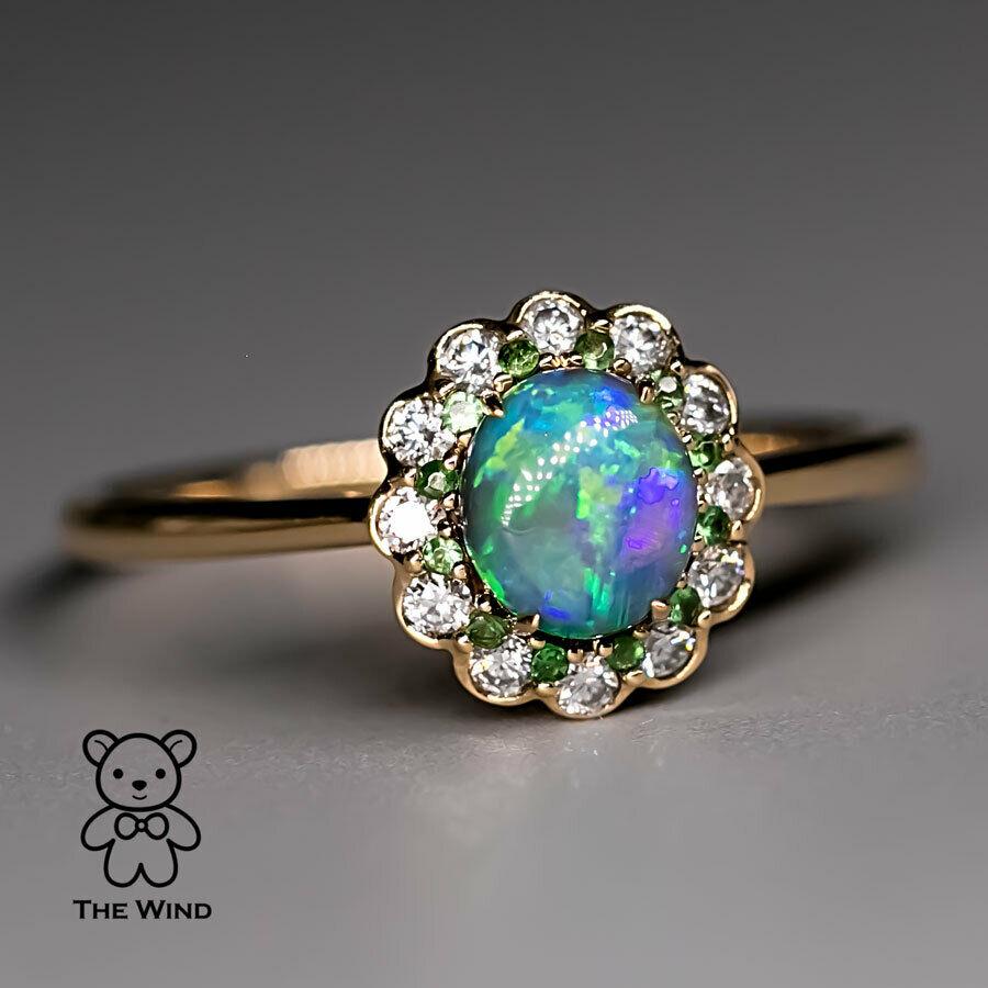 Arts and Crafts Halo Diamond Australian Semi-Black Opal Tsavorite Engagement Ring 18K  Gold For Sale