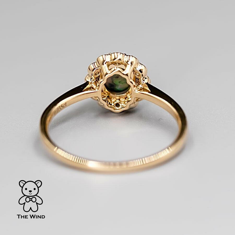 Brilliant Cut Halo Diamond Australian Semi-Black Opal Tsavorite Engagement Ring 18K  Gold For Sale
