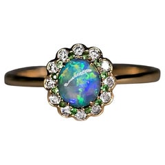 Used Halo Diamond Australian Semi-Black Opal Tsavorite Engagement Ring 18K  Gold
