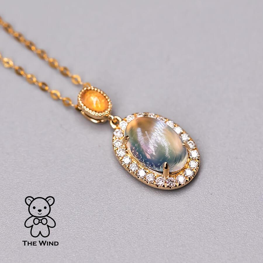 Artist Halo Diamond Blue Sheen Moonstone Fire Opal Pendant Necklace 18k Yellow Gold For Sale
