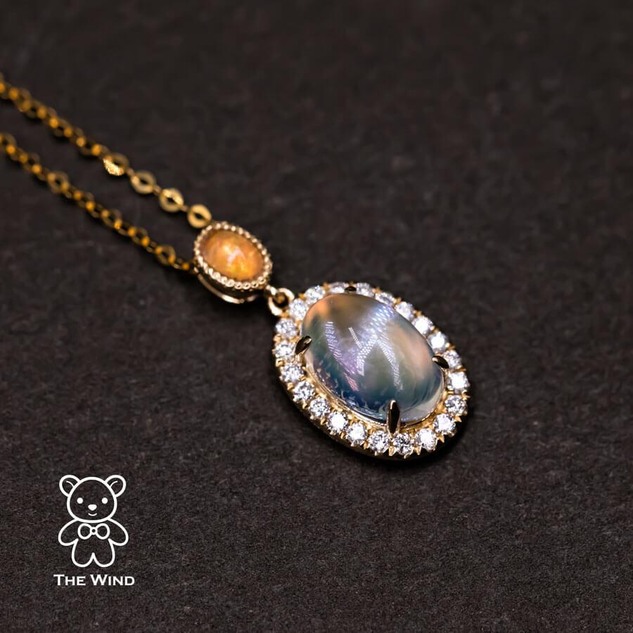 Halo Diamond Blue Sheen Moonstone Fire Opal Pendant Necklace 18k Yellow Gold In New Condition For Sale In Suwanee, GA