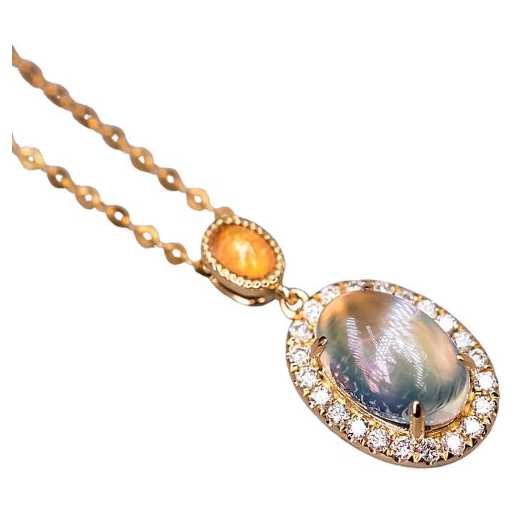 Halo Diamond Blue Sheen Moonstone Fire Opal Pendant Necklace 18k Yellow Gold For Sale