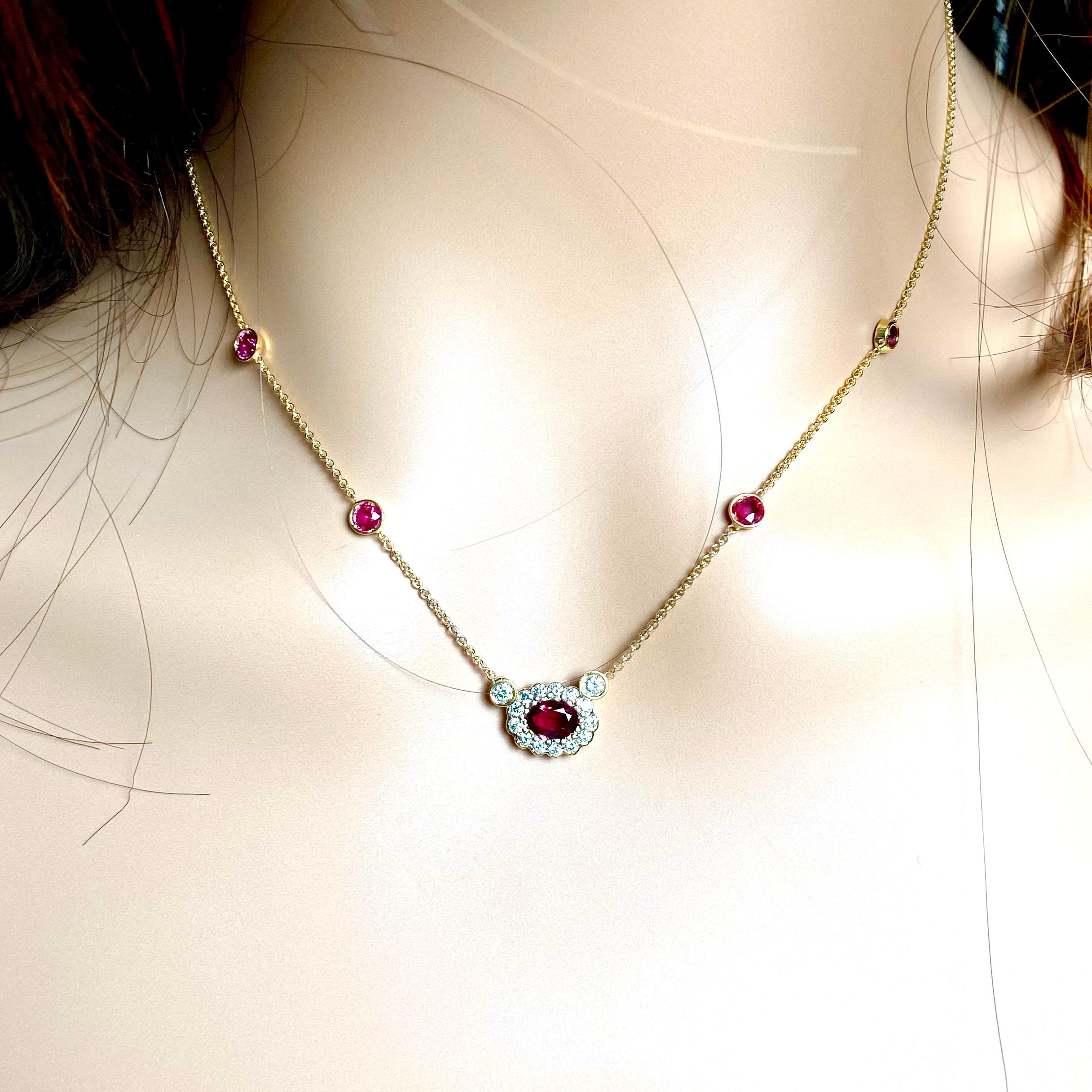 Contemporary Halo Diamond Burma Ruby Weighing 2.60 Pendant Rubies by the Yard  Gold Necklace