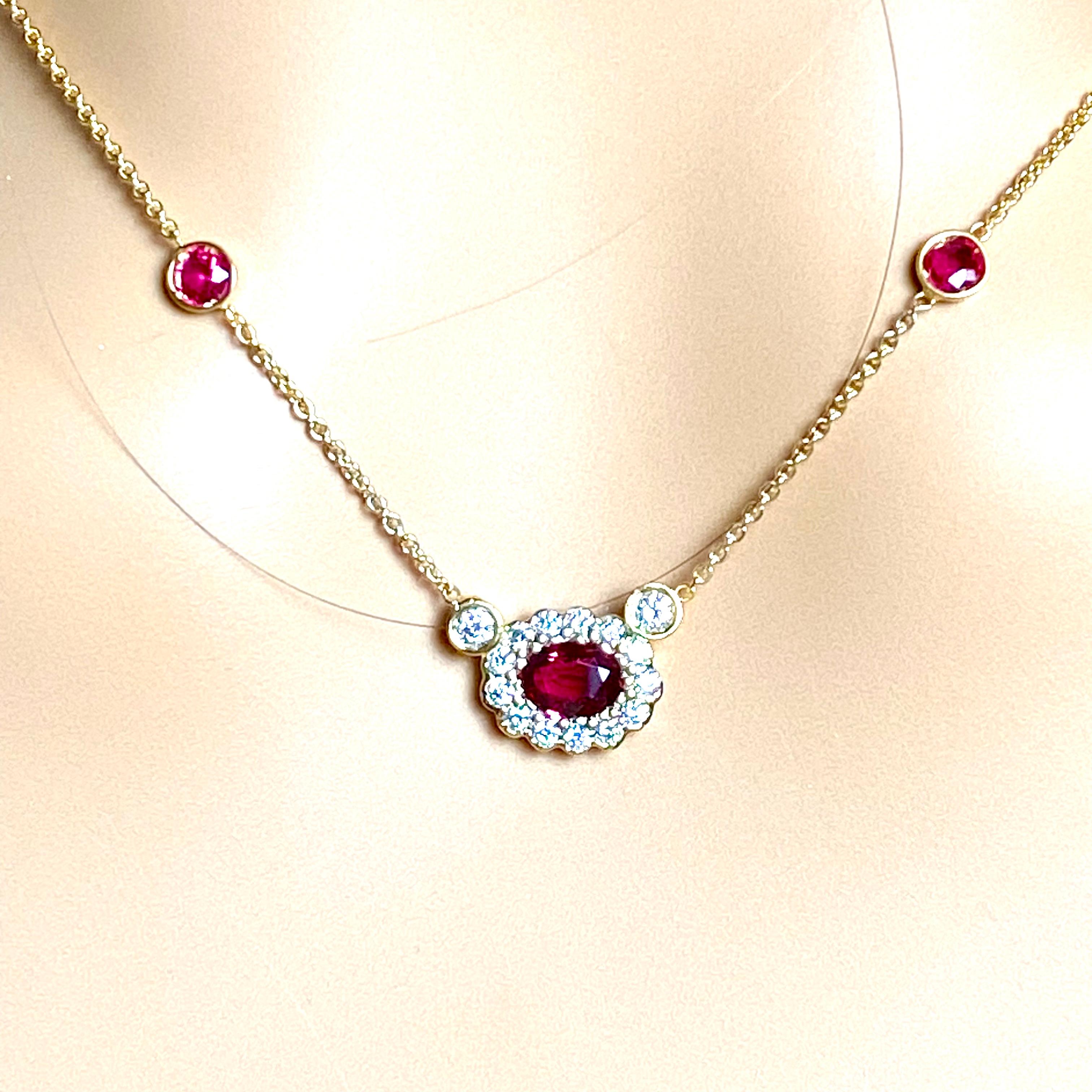 Halo Diamond Burma Ruby Weighing 2.60 Pendant Rubies by the Yard  Gold Necklace In New Condition In New York, NY
