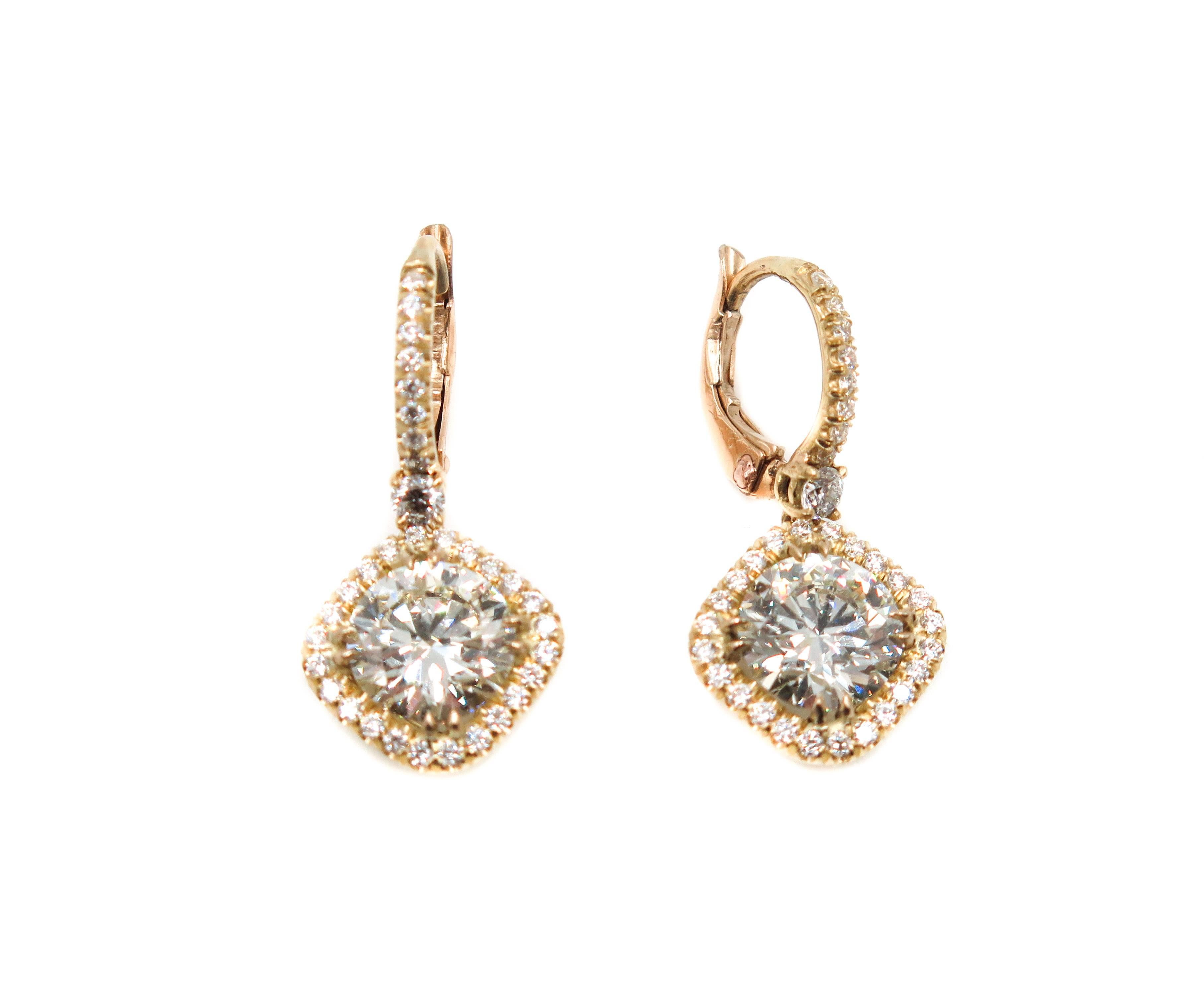 Modern Halo Diamond Drop Gold Earrings