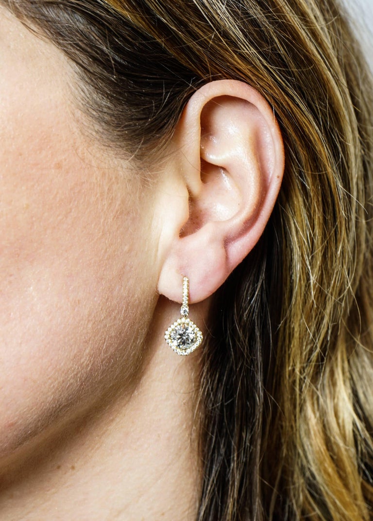 Halo Diamond Drop Gold Earrings at 1stDibs
