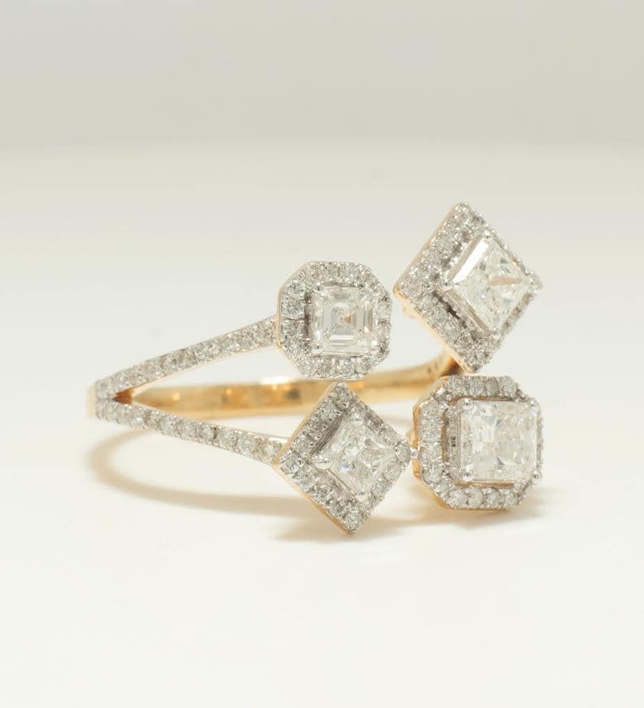 Taglio rotondo Anello da cocktail aperto con diamante Halo in oro massiccio 14K (certificato) in vendita