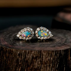 Halo Diamond Pear Shaped Black Opal Stud Earrings 14k Yellow Gold