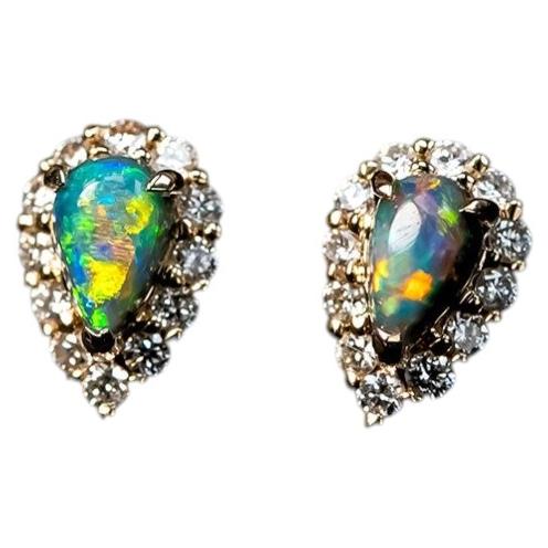 Halo Diamond Pear Shaped Black Opal Stud Earrings 14k Yellow Gold For Sale