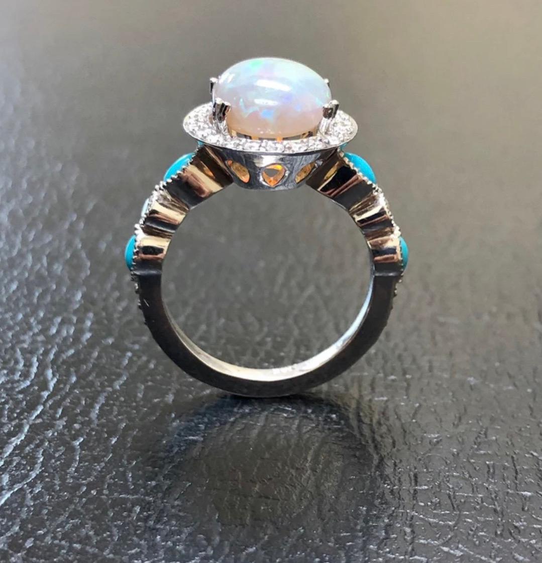 Halo Diamond Platinum Marquise Turquoise Australian Opal Diamond Wedding Ring For Sale 4