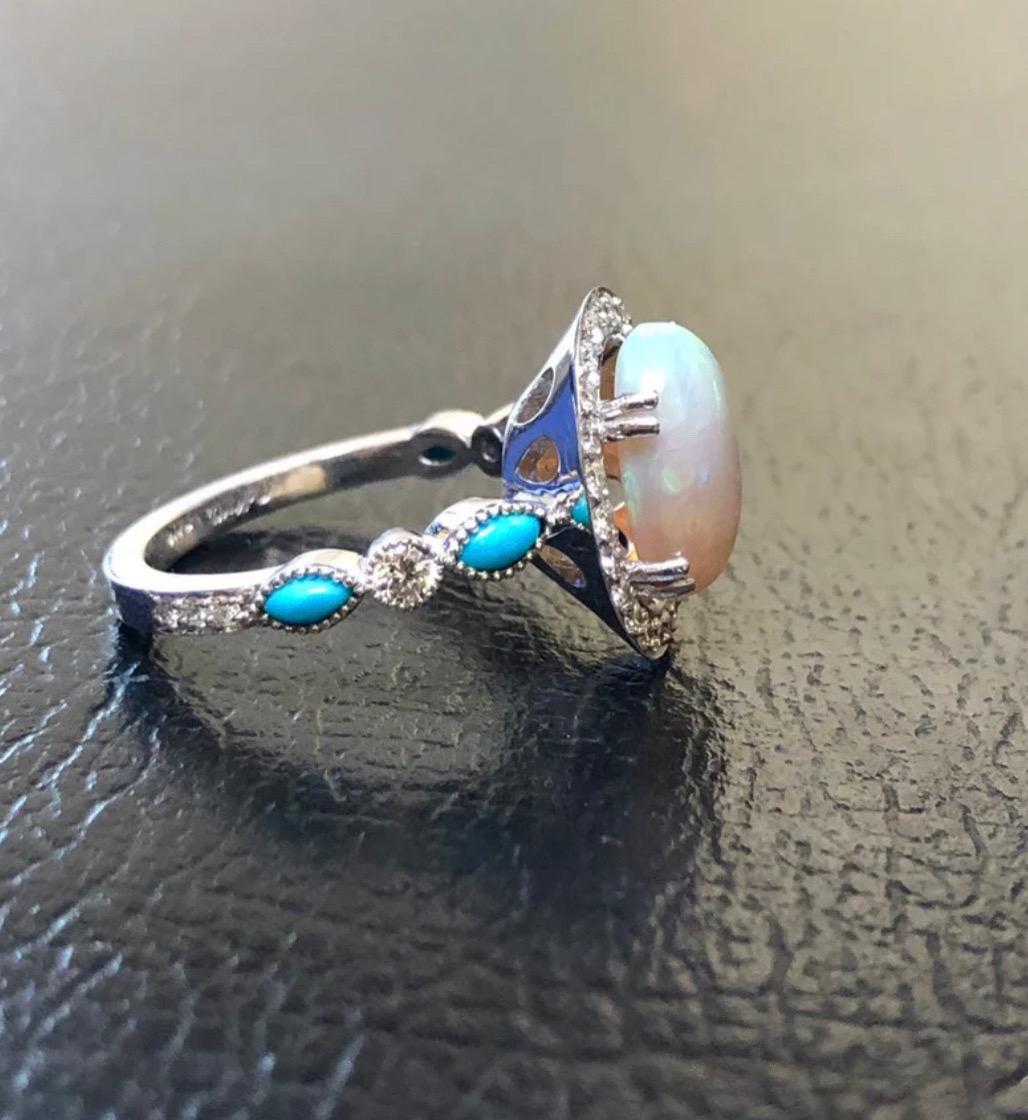 Art Deco Halo Diamond Platinum Marquise Turquoise Australian Opal Diamond Wedding Ring For Sale