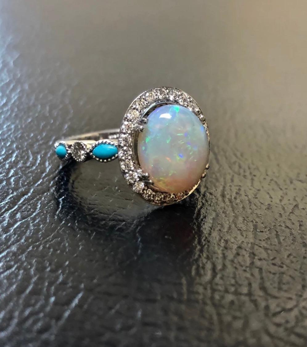 Oval Cut Halo Diamond Platinum Marquise Turquoise Australian Opal Diamond Wedding Ring For Sale
