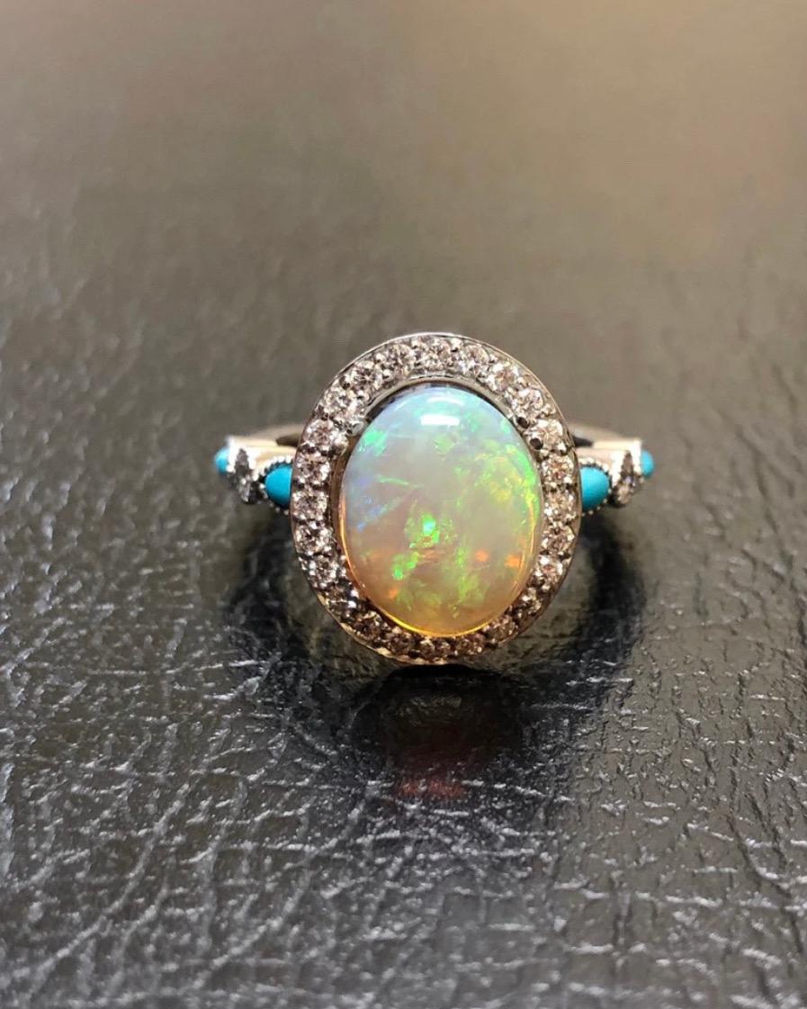 Halo Diamond Platinum Marquise Turquoise Australian Opal Diamond Wedding Ring In New Condition For Sale In Los Angeles, CA