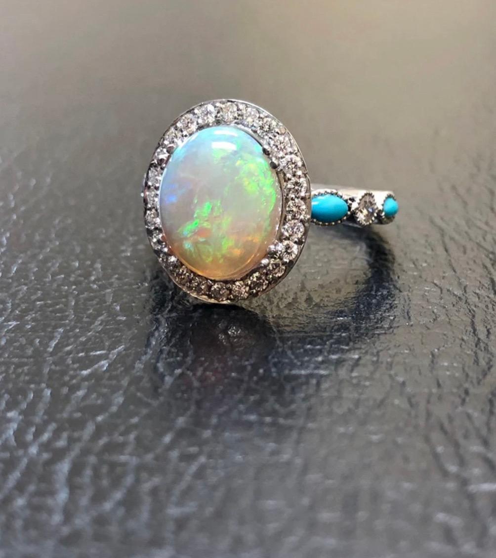Halo Diamond Platinum Marquise Turquoise Australian Opal Diamond Wedding Ring For Sale 1