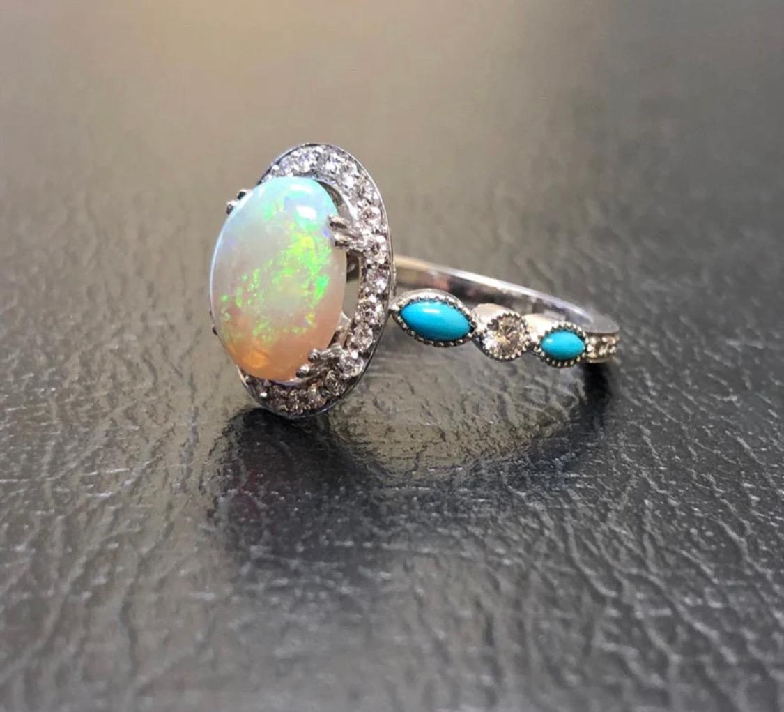 Halo Diamond Platinum Marquise Turquoise Australian Opal Diamond Wedding Ring For Sale 2
