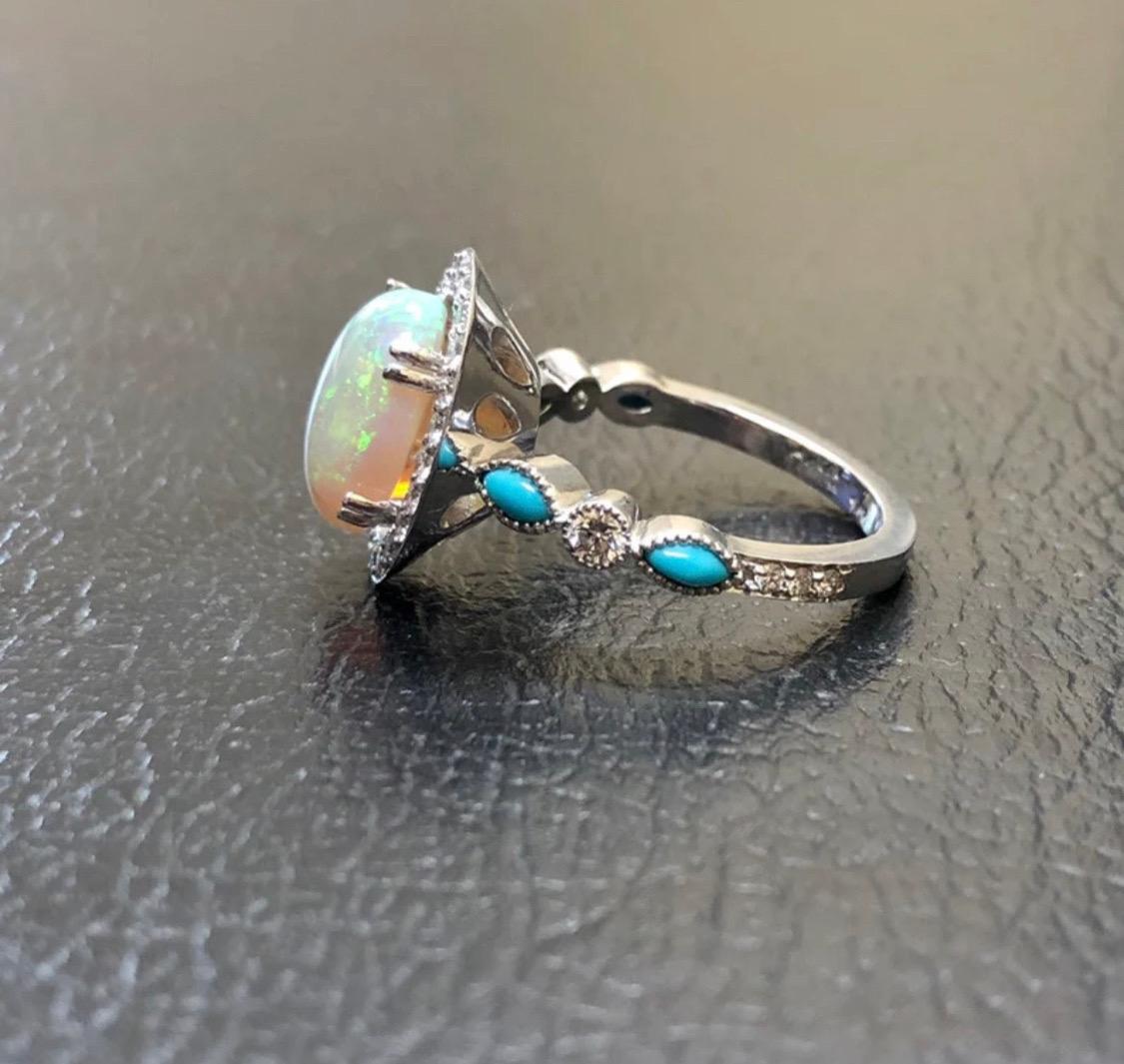 Halo Diamond Platinum Marquise Turquoise Australian Opal Diamond Wedding Ring For Sale 3