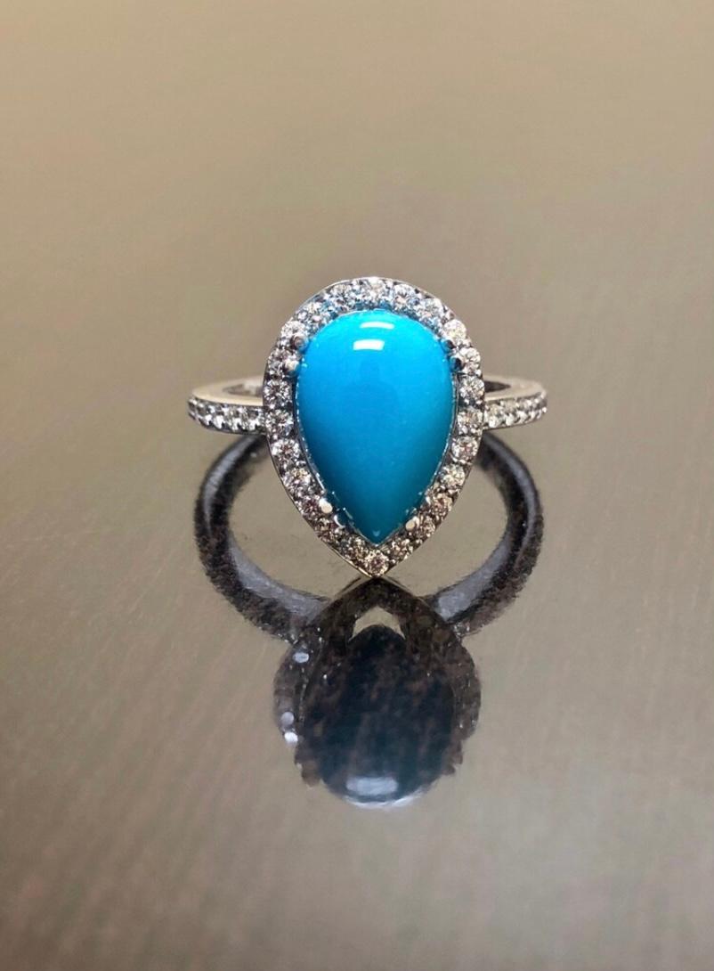Halo Diamond Platinum Pear Shape Sleeping Beauty Turquoise Engagement Ring For Sale 4