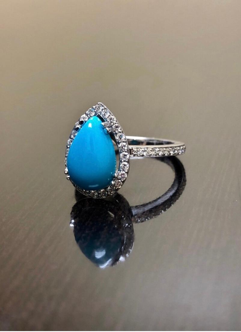 Halo Diamond Platinum Pear Shape Sleeping Beauty Turquoise Engagement Ring In New Condition For Sale In Los Angeles, CA