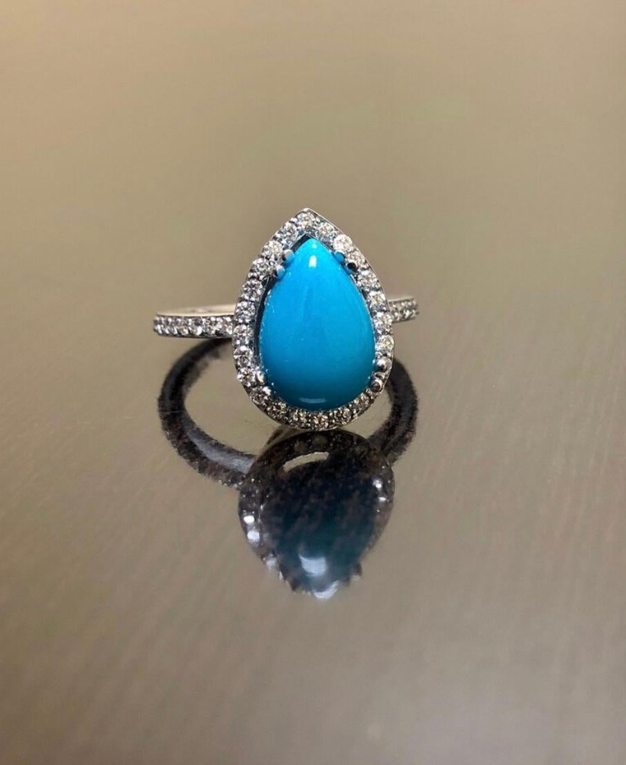 Halo Diamond Platinum Pear Shape Sleeping Beauty Turquoise Engagement Ring For Sale 3