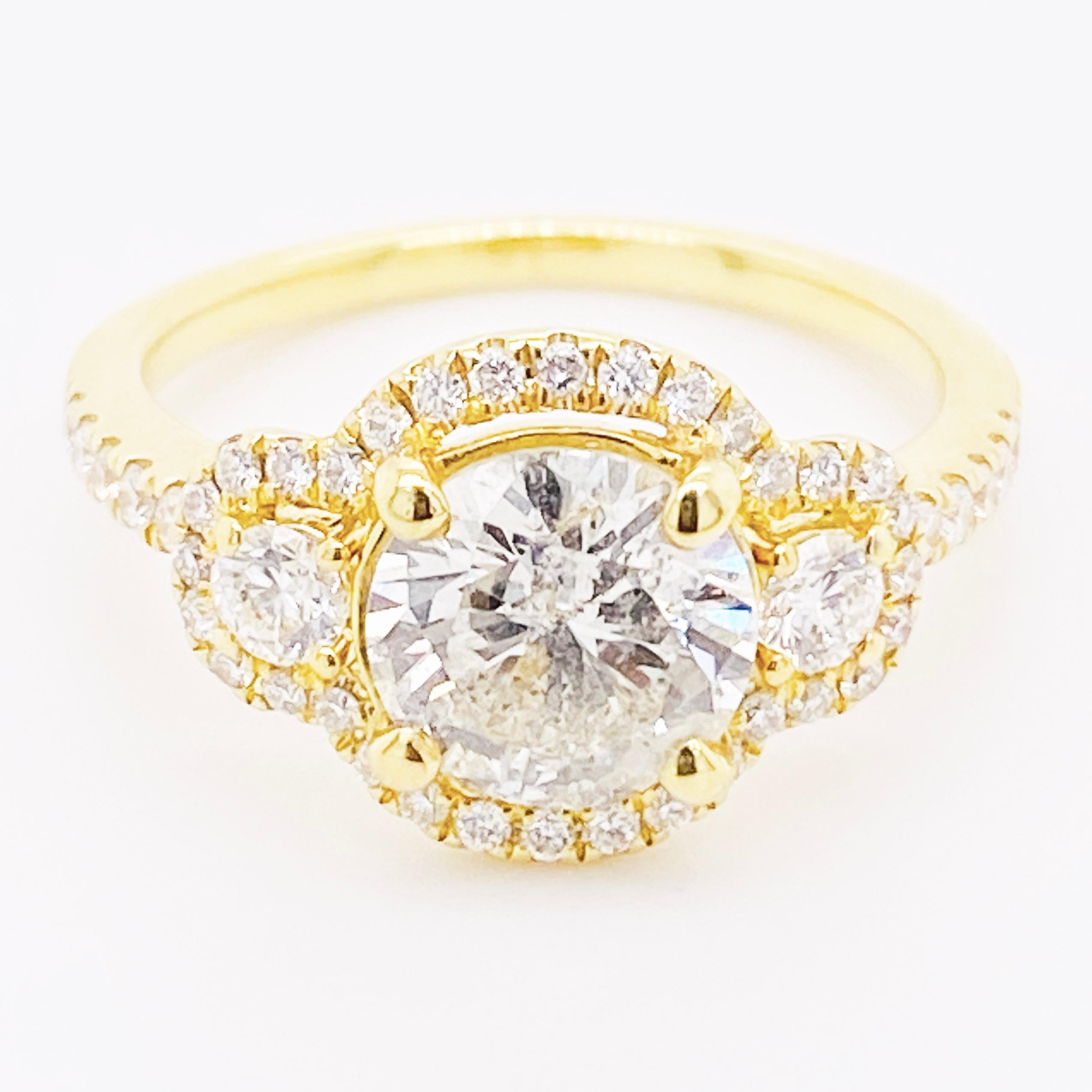 Modern 2.25 Carat Diamond Halo Diamond Ring, Three-Stone Ring, 18K Gold For Sale