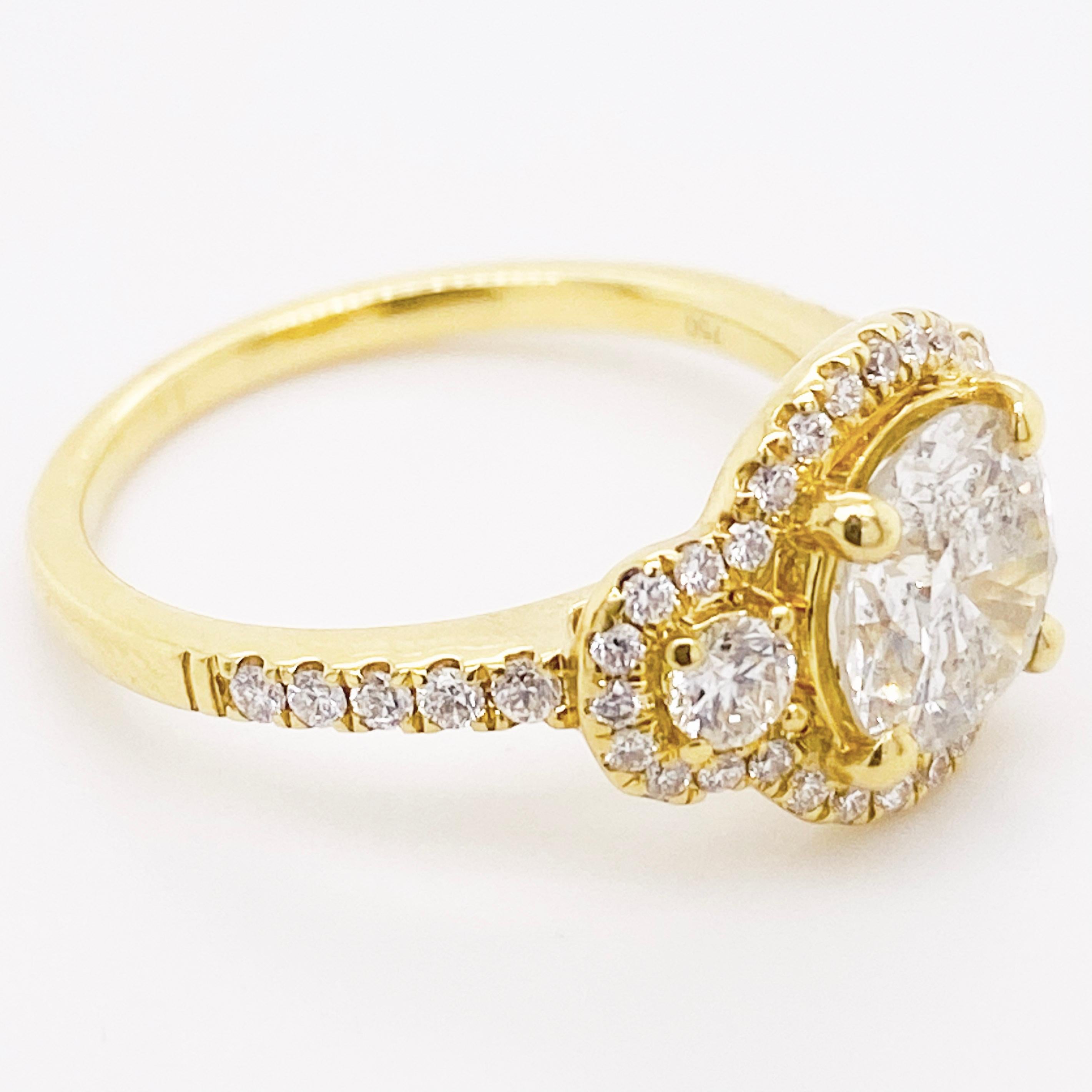 Modern 2.25 Carat Diamond Halo Diamond Ring, Three-Stone Ring, 18K Gold For Sale