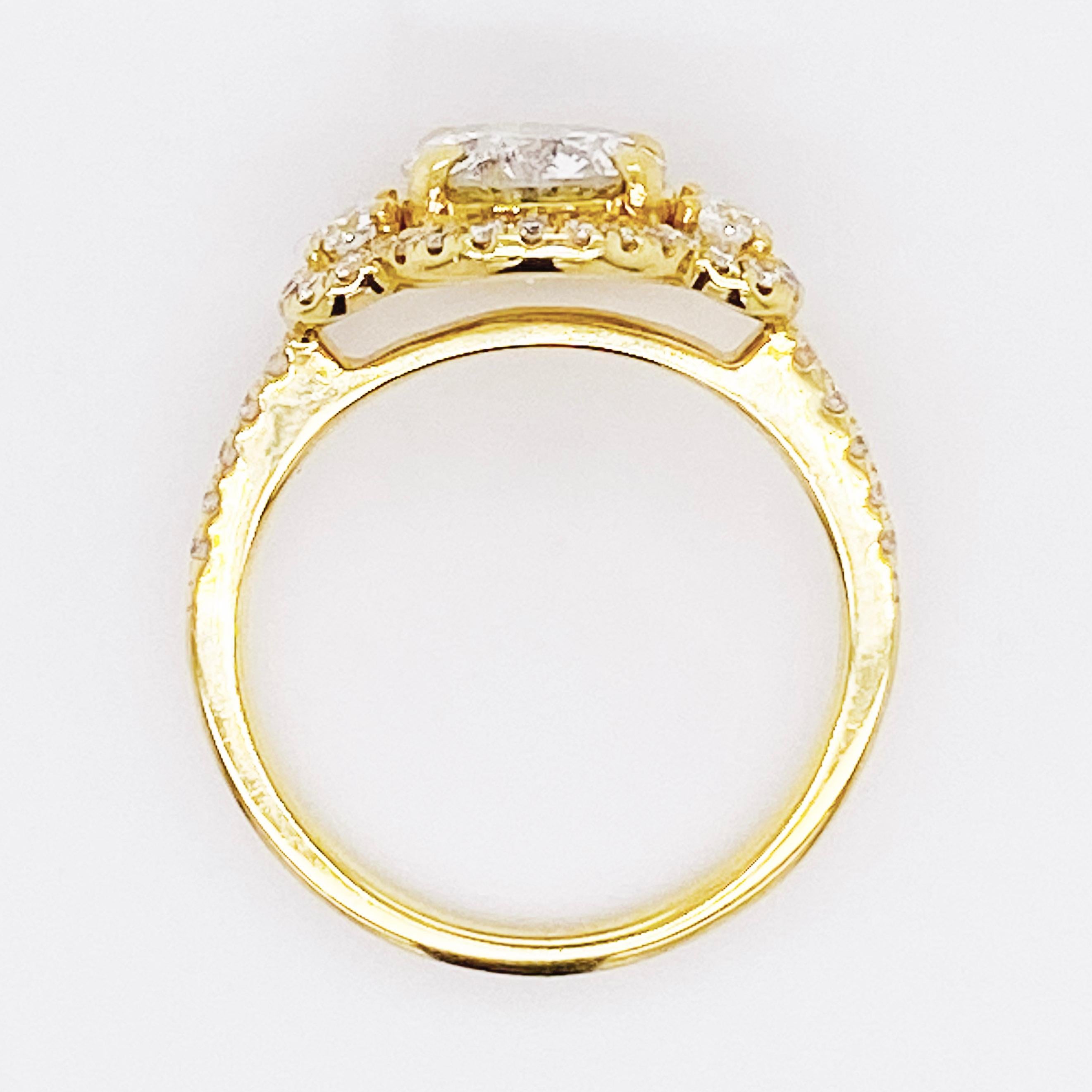 Round Cut 2.25 Carat Diamond Halo Diamond Ring, Three-Stone Ring, 18K Gold For Sale