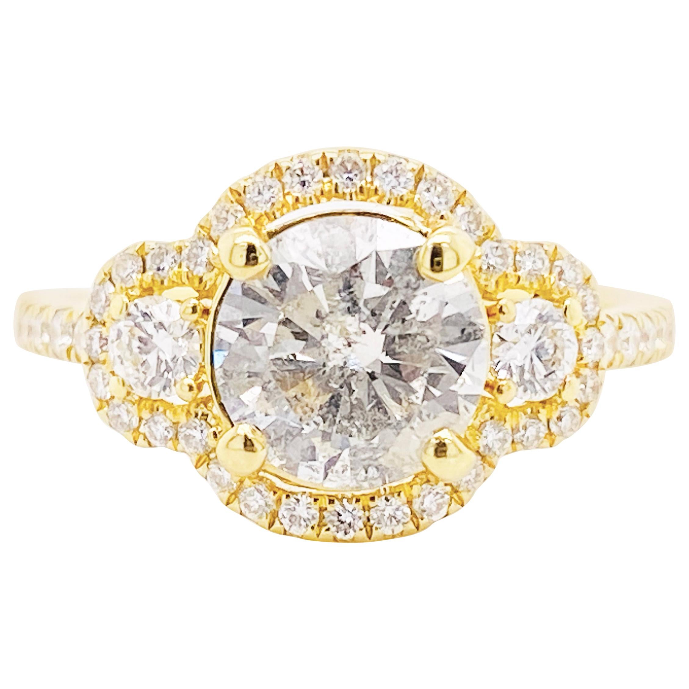 2.25 Carat Diamond Halo Diamond Ring, Three-Stone Ring, 18K Gold For Sale