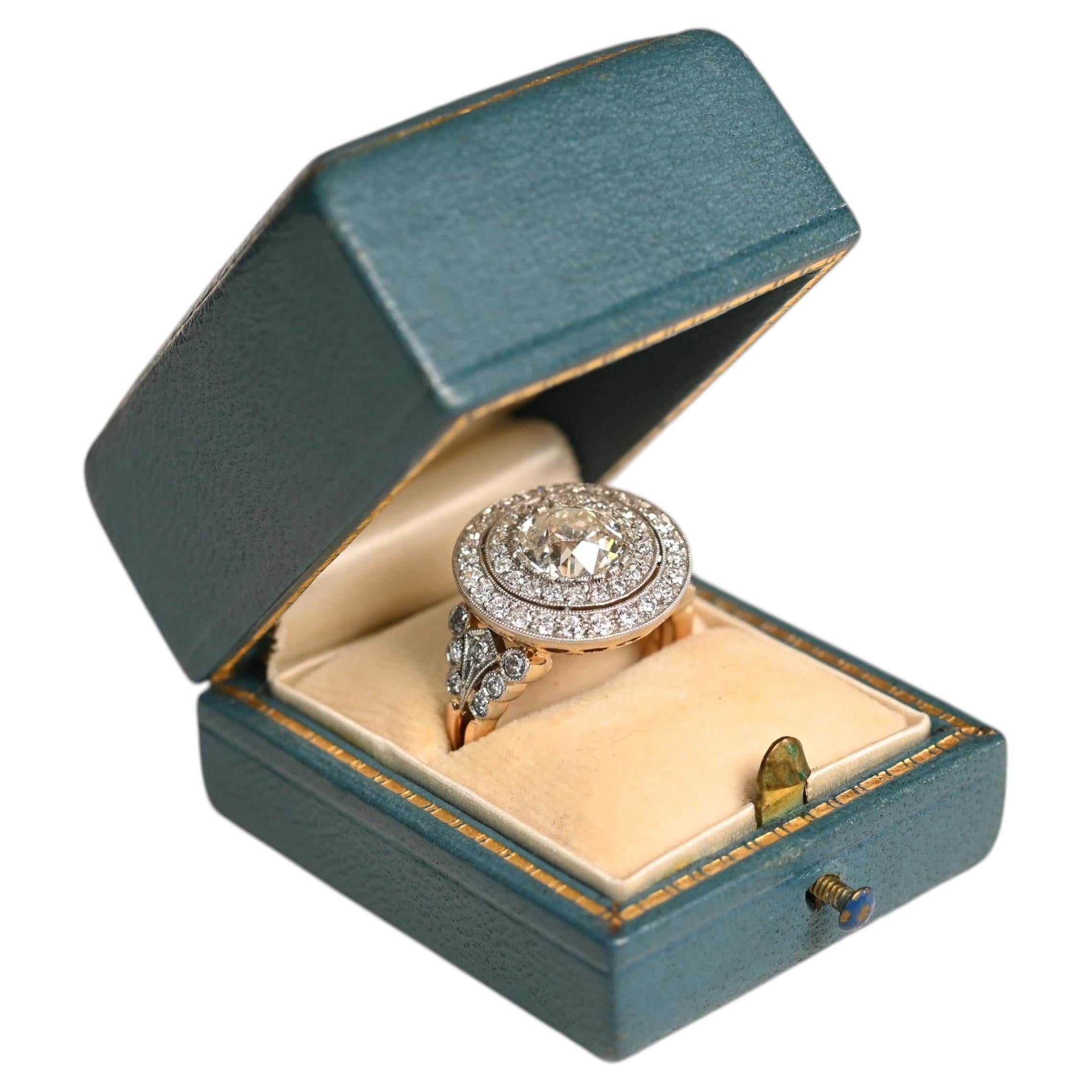 GIA 2 Carat Old European Cut Diamond Ring. Double Halo Ring 18k Gold Platinum
