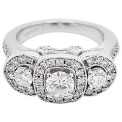 Halo Diamond Ring, Three-Stone Ring, Engagement Ring, 14 Karat Gold, 1.69 Carat