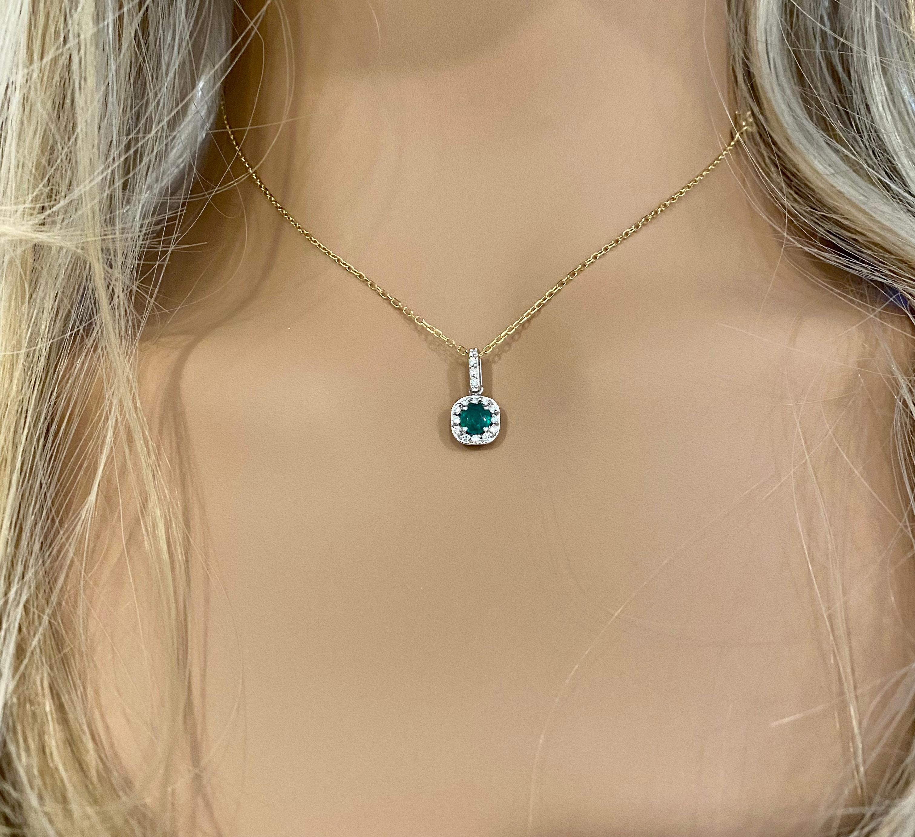 Contemporary Halo Diamond Round Emerald 0.75 Pendant Yellow White Gold Pendant Necklace For Sale