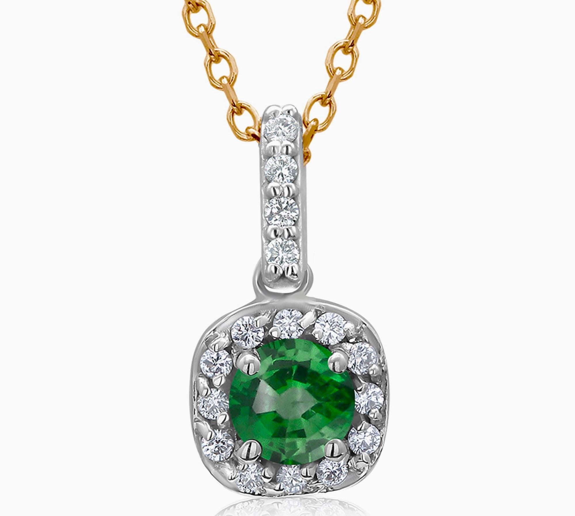 Round Cut Halo Diamond Round Emerald 0.75 Pendant Yellow White Gold Pendant Necklace For Sale