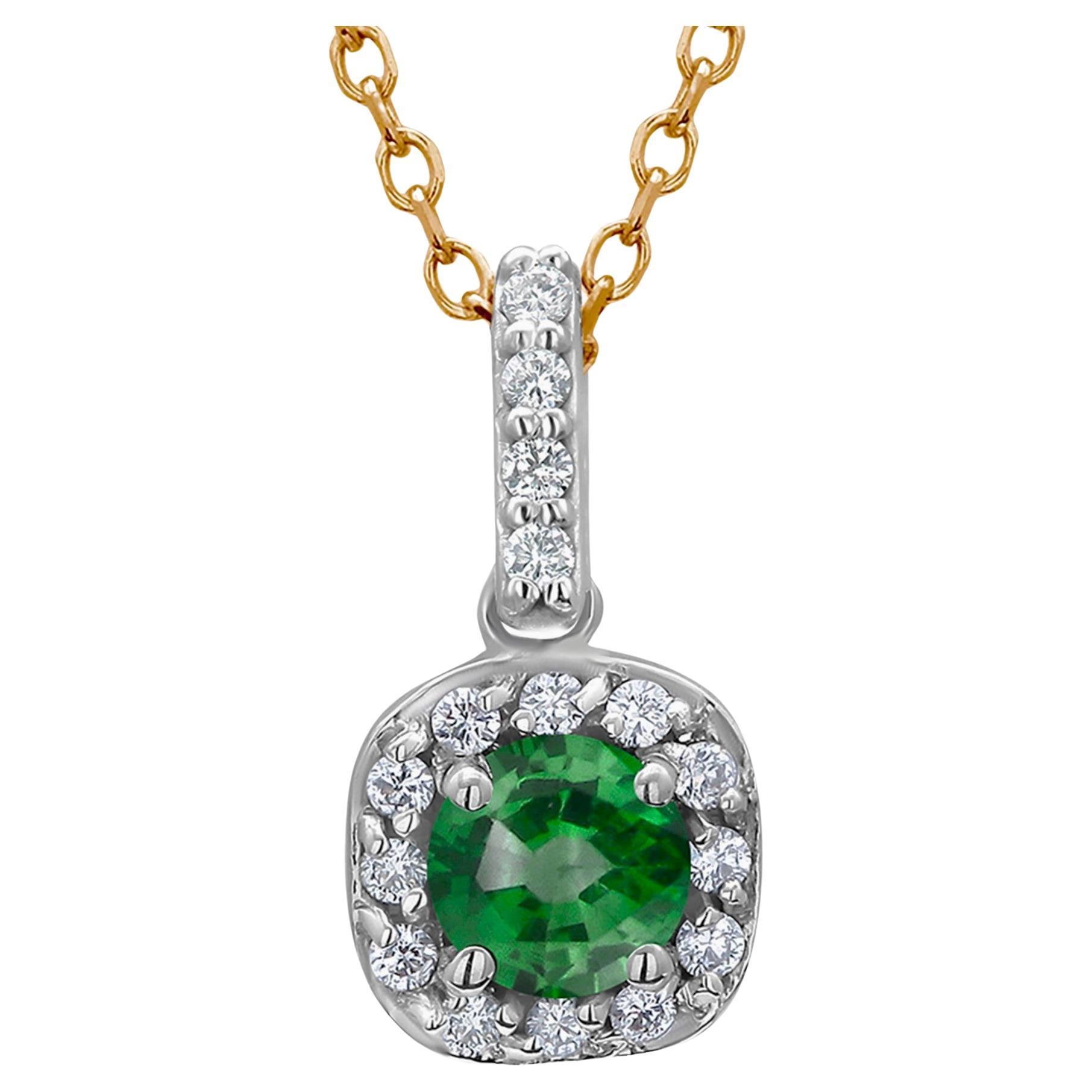Halo Diamond Round Emerald 0.75 Pendant Yellow White Gold Pendant Necklace For Sale