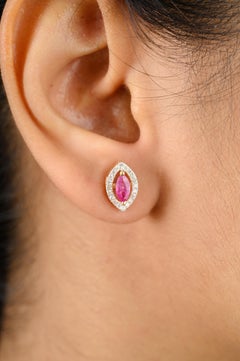 Halo Diamond Ruby Marquise Shape Stud Earrings for Her in 18k Solid Yellow Gold
